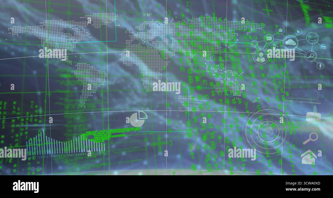 Visualizzazione del codice verde in streaming della mappa del mondo punteggiata sul dashboard virtuale, con l'icona del grafico a torta Foto Stock