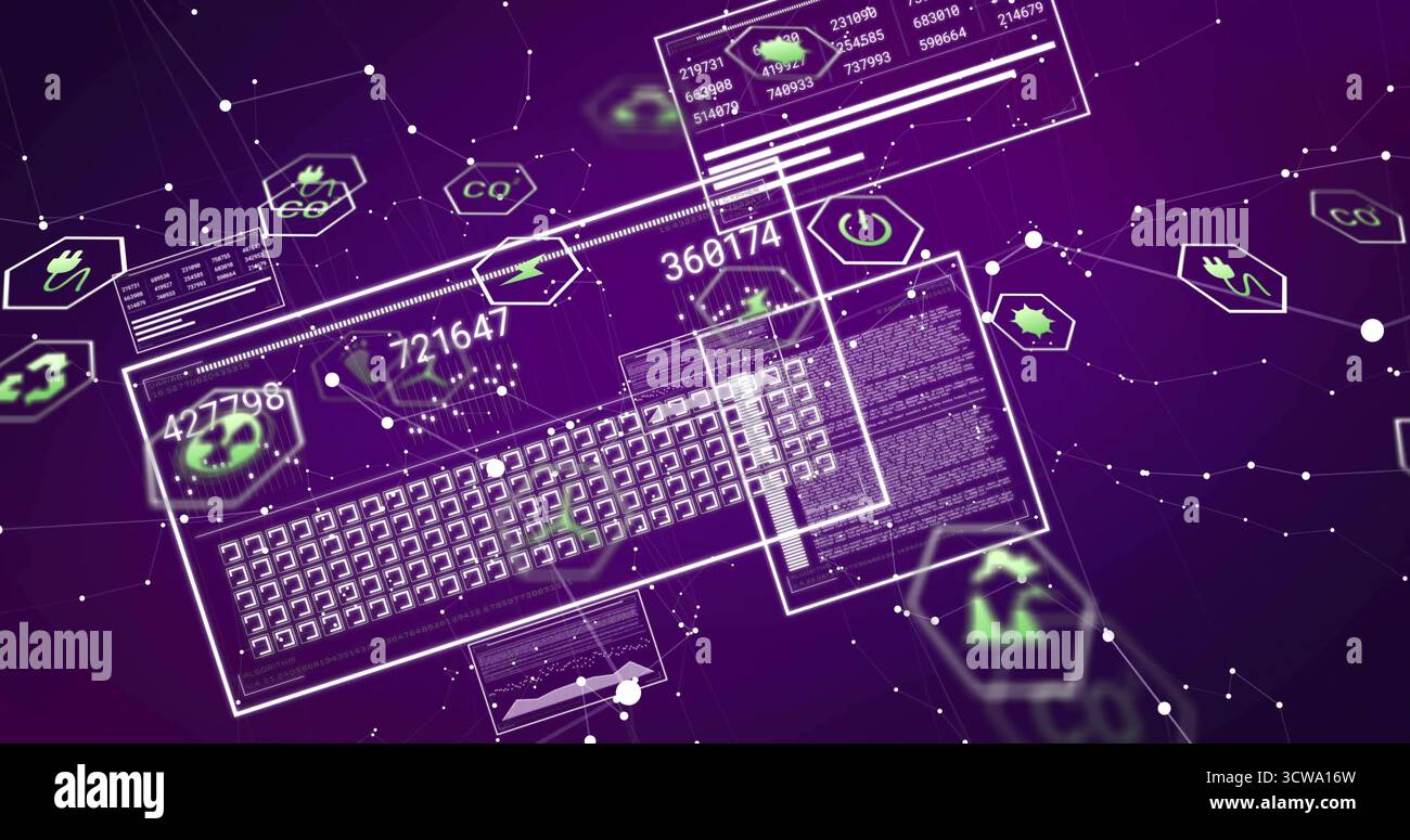 Visualizzazione del pannello della tastiera traslucido sospeso su una rete viola con statistiche, codice, icone esadecimali Foto Stock