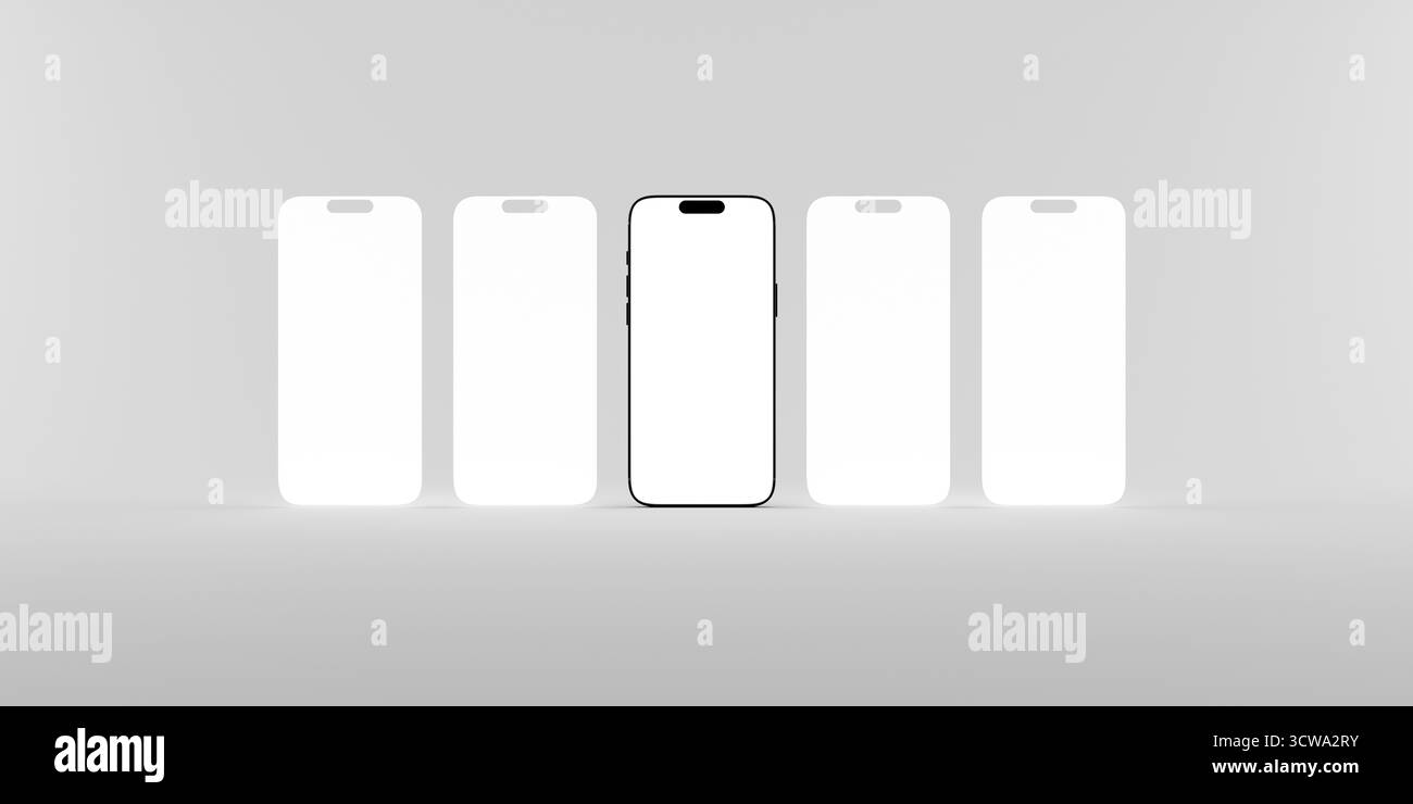 Teléfono con cinco pantallas para maqueta. Vista frontal de un Móvil con la pantalla vacía, lista para colocar tus Diseños. Foto Stock