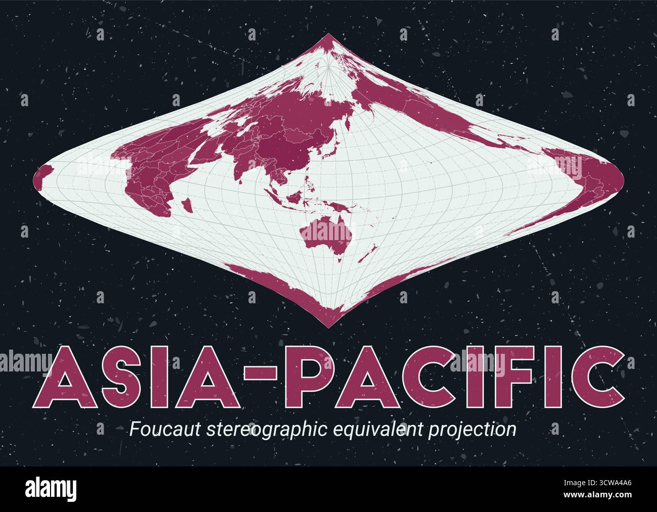 Asia-Pacifico. Mappa del mondo. Proiezione stereografica equivalente di Foucaut centrata sull'Asia-Pacifico. Pallido Mint Dark Pink (Rosa scuro). Texture vintage. Illustrazione Vettoriale