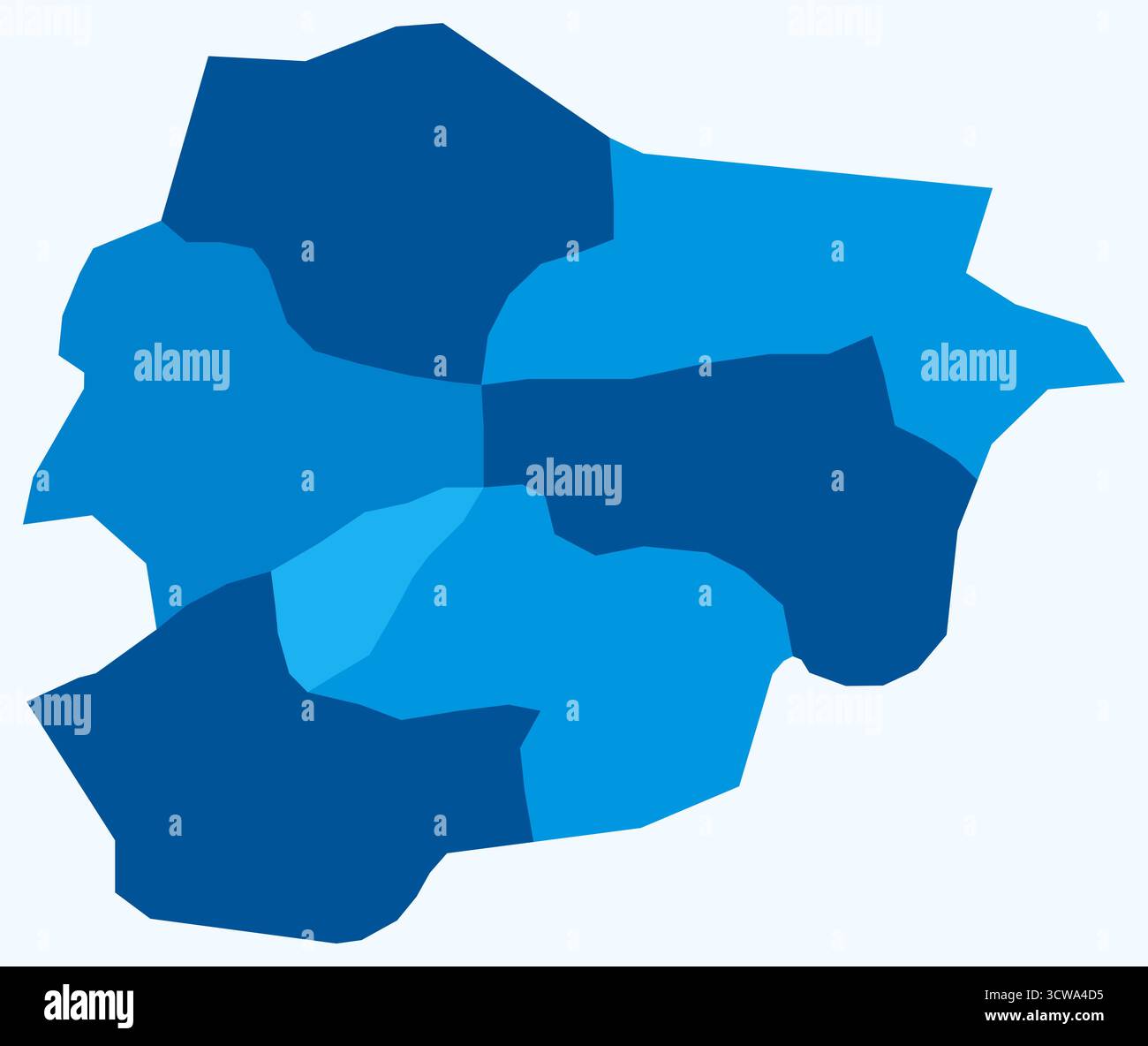 Mappa di Andorra con le regioni. Semplice mappa dei confini nazionali con divisione regionale. Tavolozza di colori azzurro. Illustrazione Vettoriale