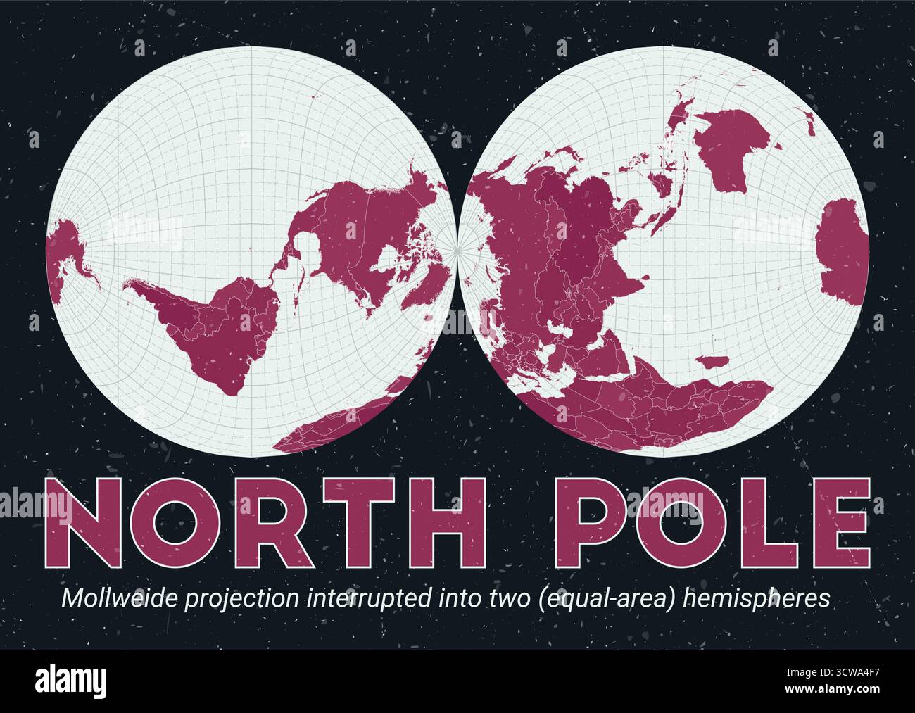 Polo Nord. Mappa del mondo. Proiezione di Mollweide interrotta in due emisferi di pari area centrati sul Polo Nord. Menta pallida e rosa scuro. Illustrazione Vettoriale