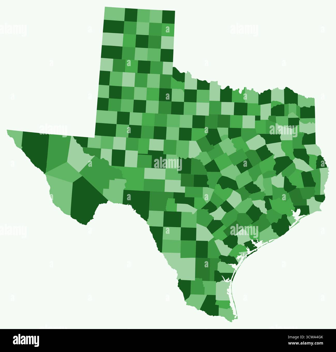 Mappa del Texas con le contee. Solo una semplice mappa del confine di stato con la divisione della contea. Tavolozza dei colori verde. Illustrazione Vettoriale