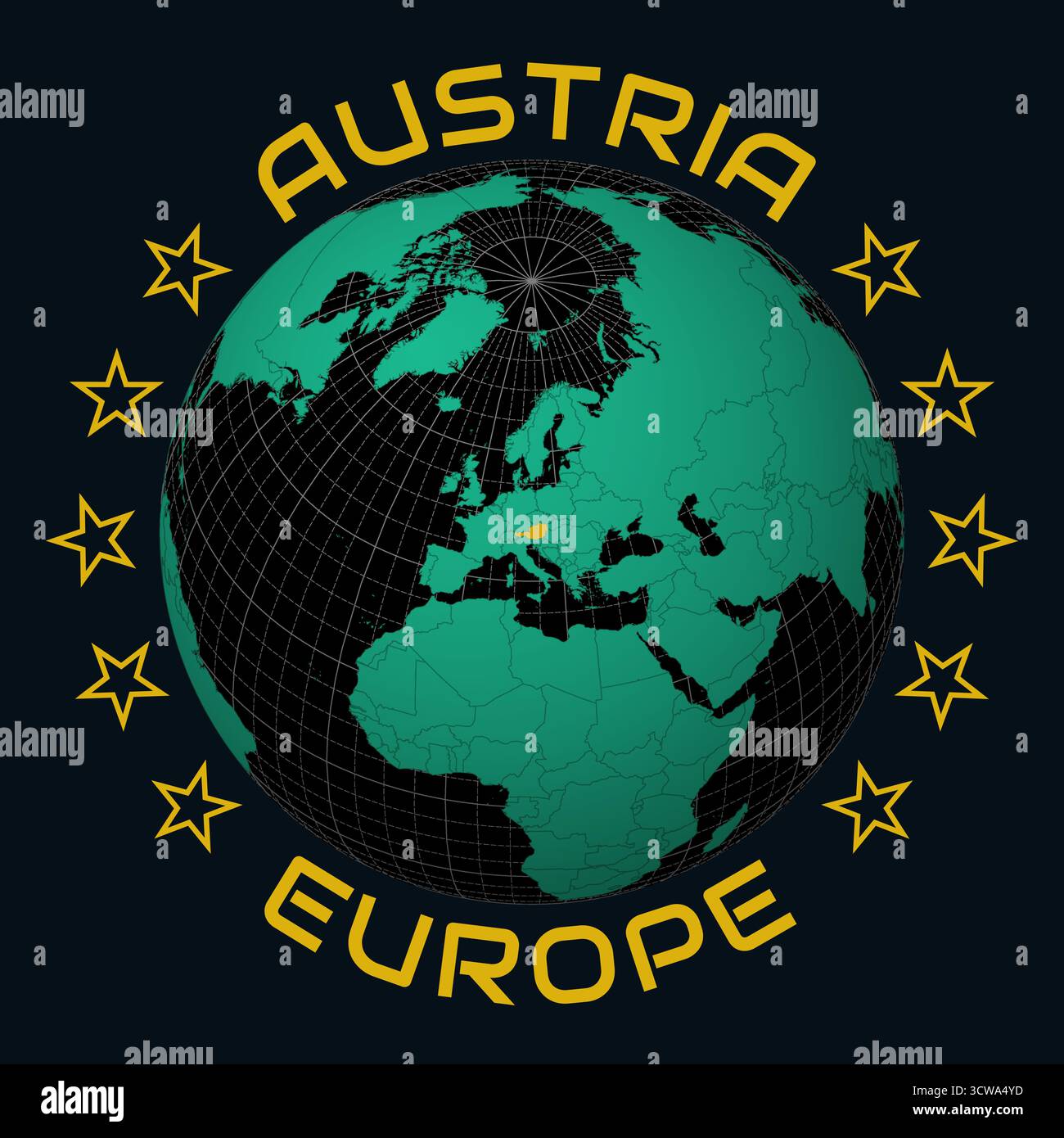 Austria su Globe. Arrotondare il testo del nome del paese e del continente. Vista paese sulla mappa del mondo con tavolozza dei colori Black Emerald. Forma dell'Austria sulla mappa. Illustrazione Vettoriale