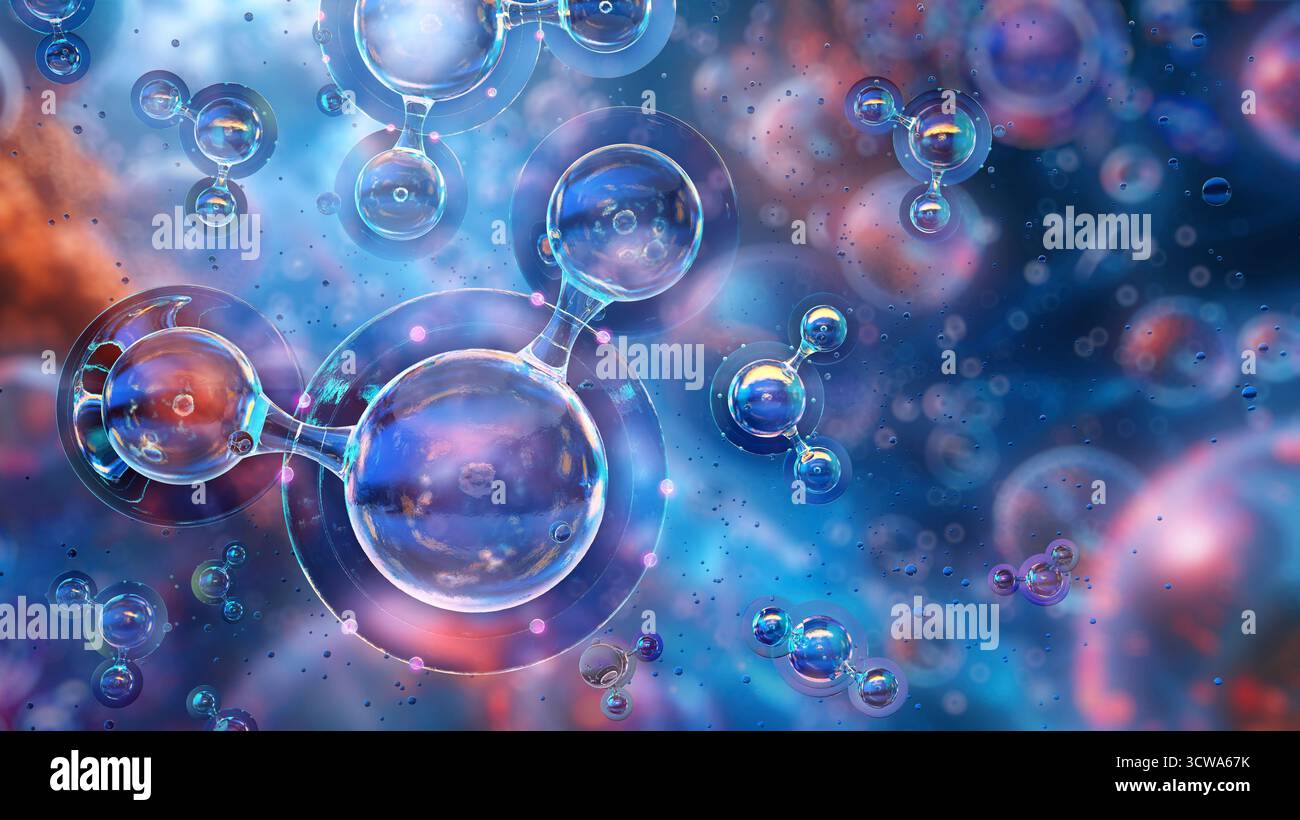 Illustrazione di molecole d'acqua, ciascuna composta da due atomi di idrogeno e un atomo di ossigeno (H2O). L'immagine mostra la struttura molecolare e l'angolo di legame tipico dell'acqua. Le molecole d'acqua svolgono un ruolo fondamentale nella chimica, nella biologia e nei processi di vita. Foto Stock