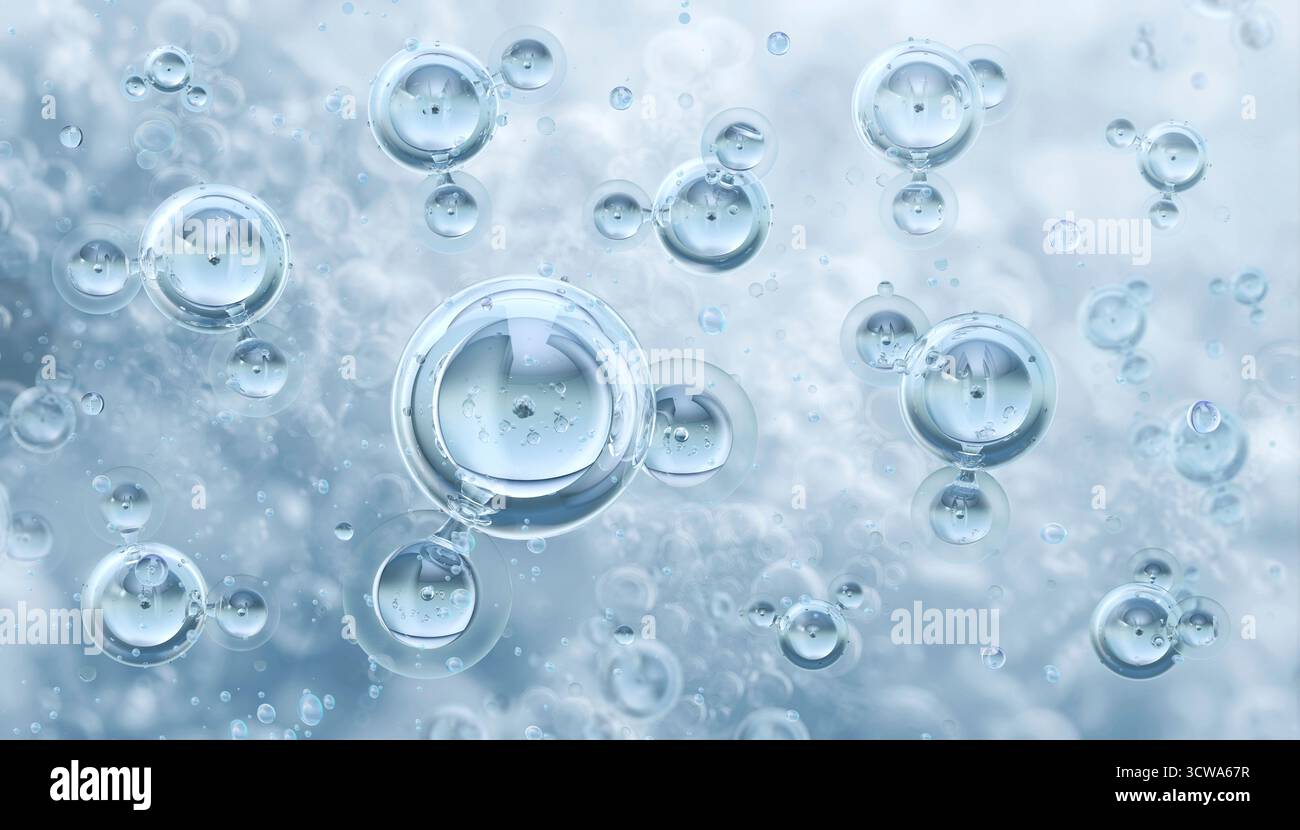 Illustrazione di molecole d'acqua, ciascuna composta da due atomi di idrogeno e un atomo di ossigeno (H2O). L'immagine mostra la struttura molecolare e l'angolo di legame tipico dell'acqua. Le molecole d'acqua svolgono un ruolo fondamentale nella chimica, nella biologia e nei processi di vita. Foto Stock