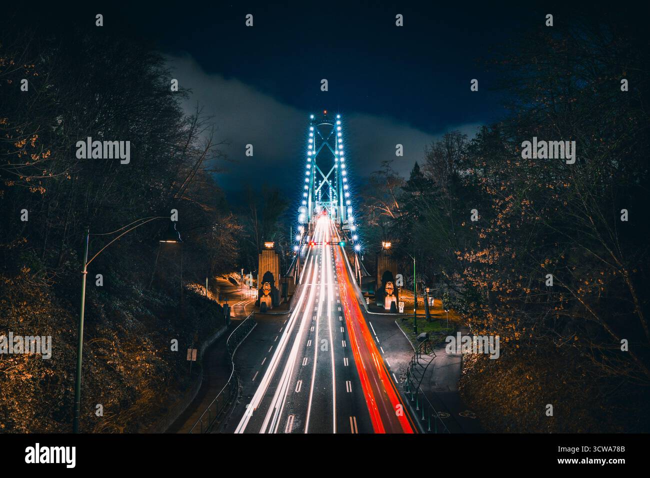 Un ponte affollato è illuminato da luci colorate di notte. Le auto si muovono rapidamente lungo l'arco, mostrando la vivace scena lungo la strada. Foto Stock