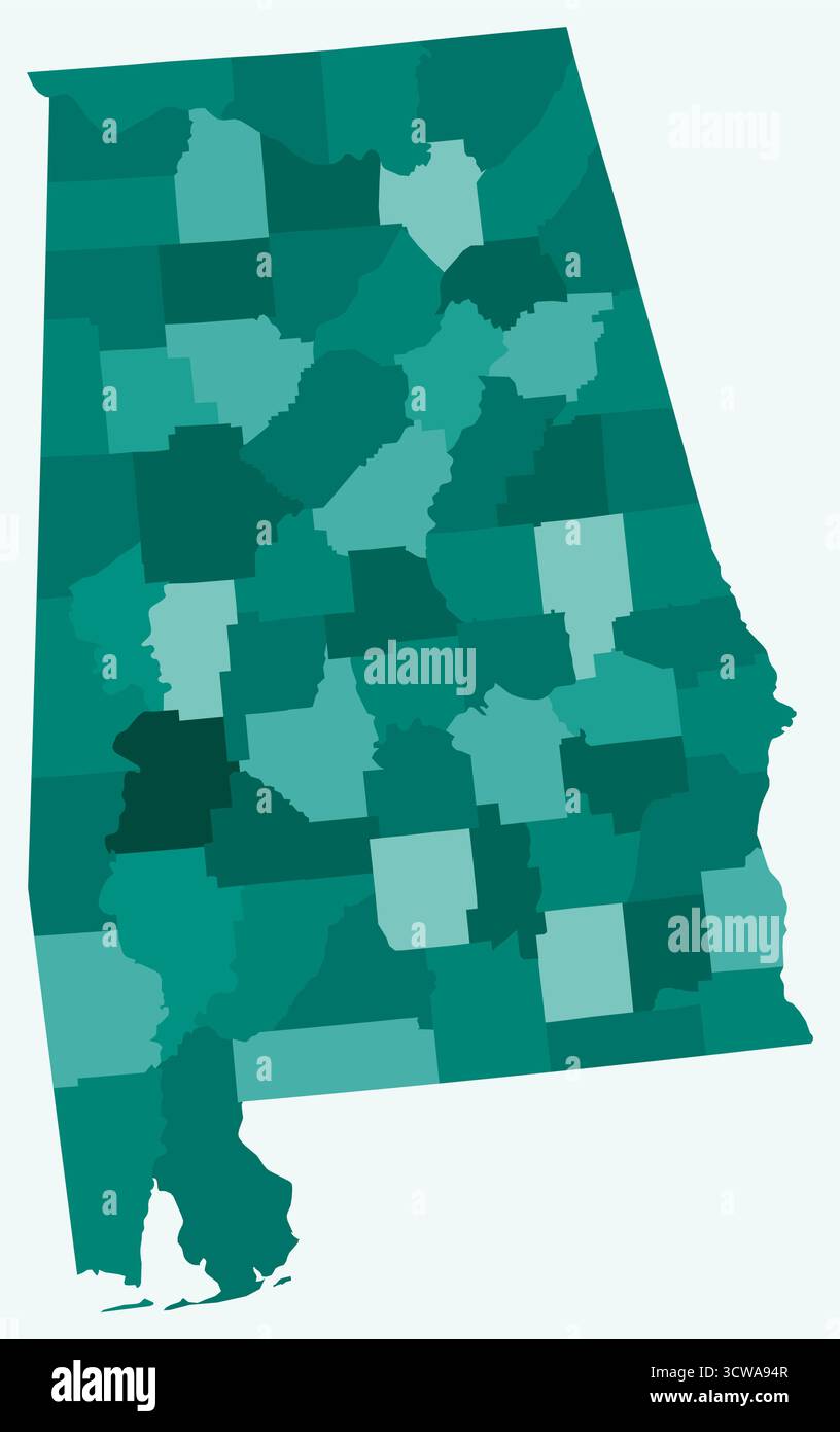 Mappa dell'Alabama con le contee. Una semplice mappa dei confini di stato con le divisioni delle contee. Tavolozza dei colori ottanio. Illustrazione Vettoriale