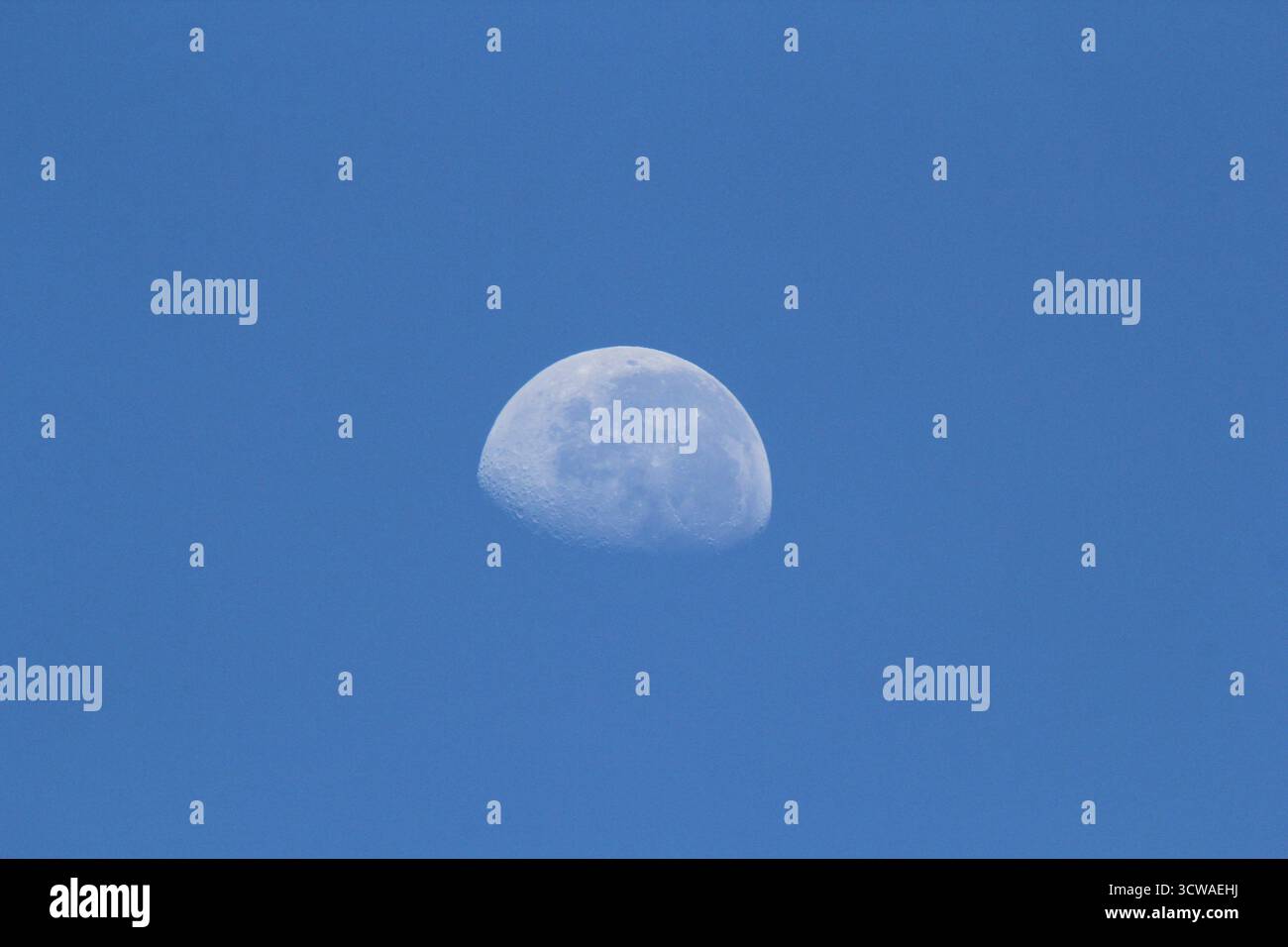 Primo piano della luna contro un cielo blu Foto Stock