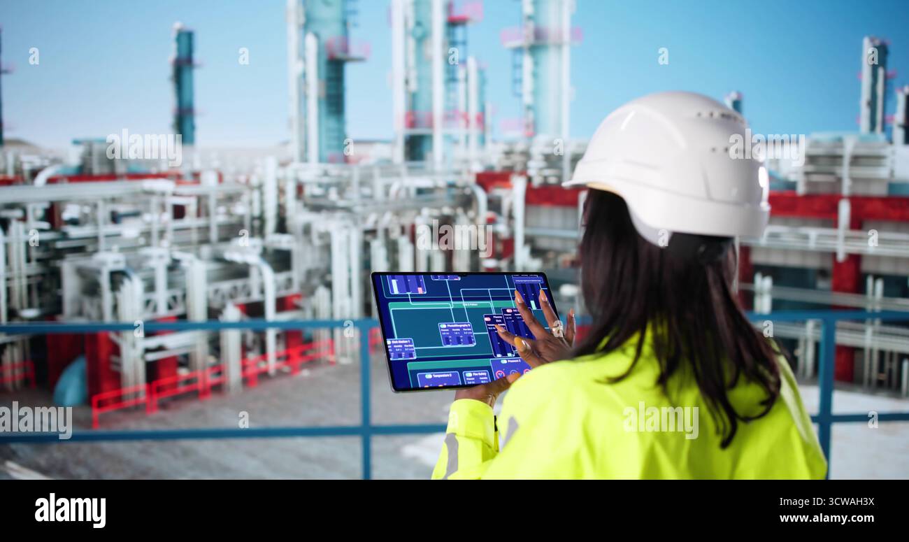 Ingegnere donna che esegue il controllo di conformità OSHA presso la raffineria petrolifera. Foto Stock