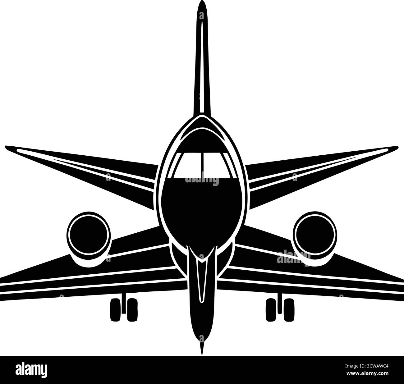 Immagine vettoriale della silhouette dell'aereo per la vista frontale, icona di un aereo jet moderno, design aeronautico minimalista piatto Illustrazione Vettoriale
