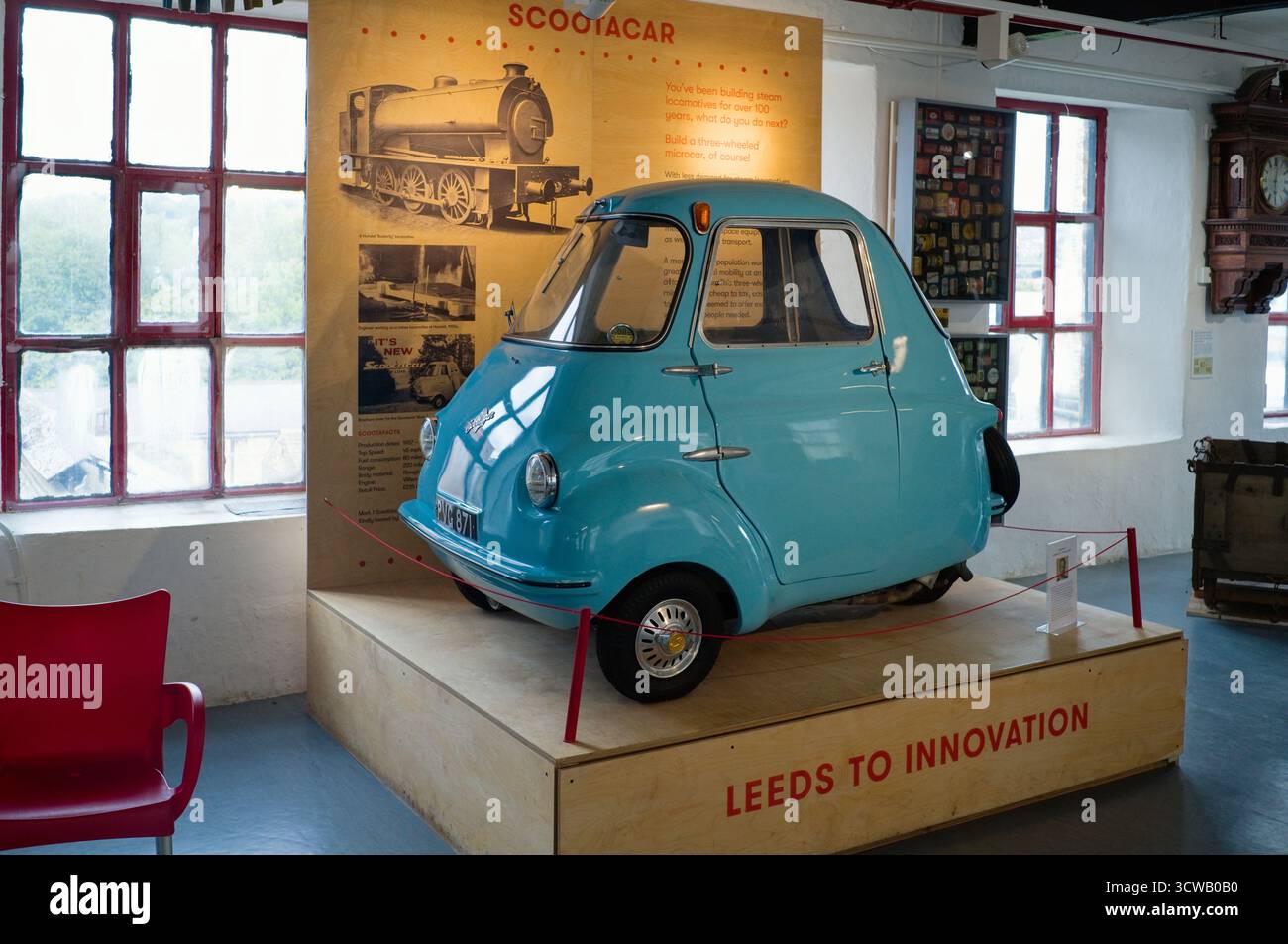 Scootacar in mostra al Leeds Industrial Museum Foto Stock