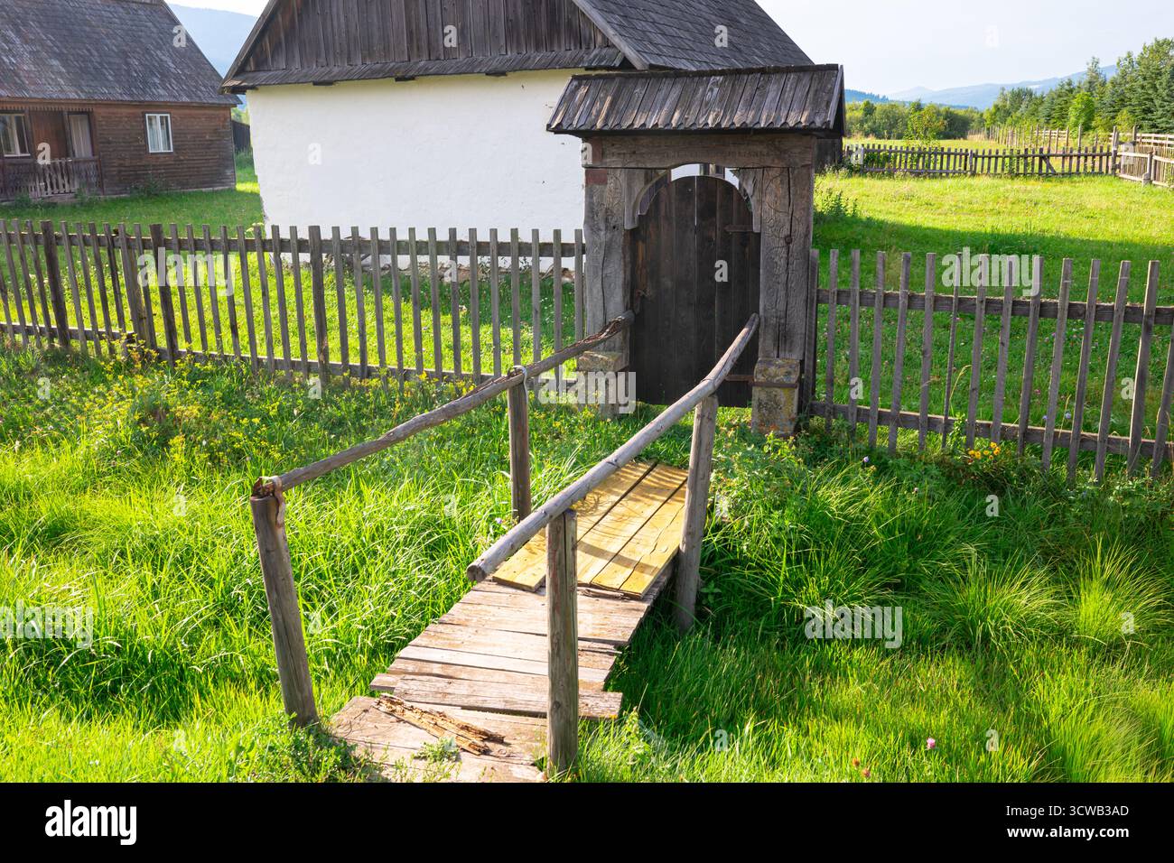 Tradizionale porta Szekler in legno panoramica nel paesaggio rurale Foto Stock