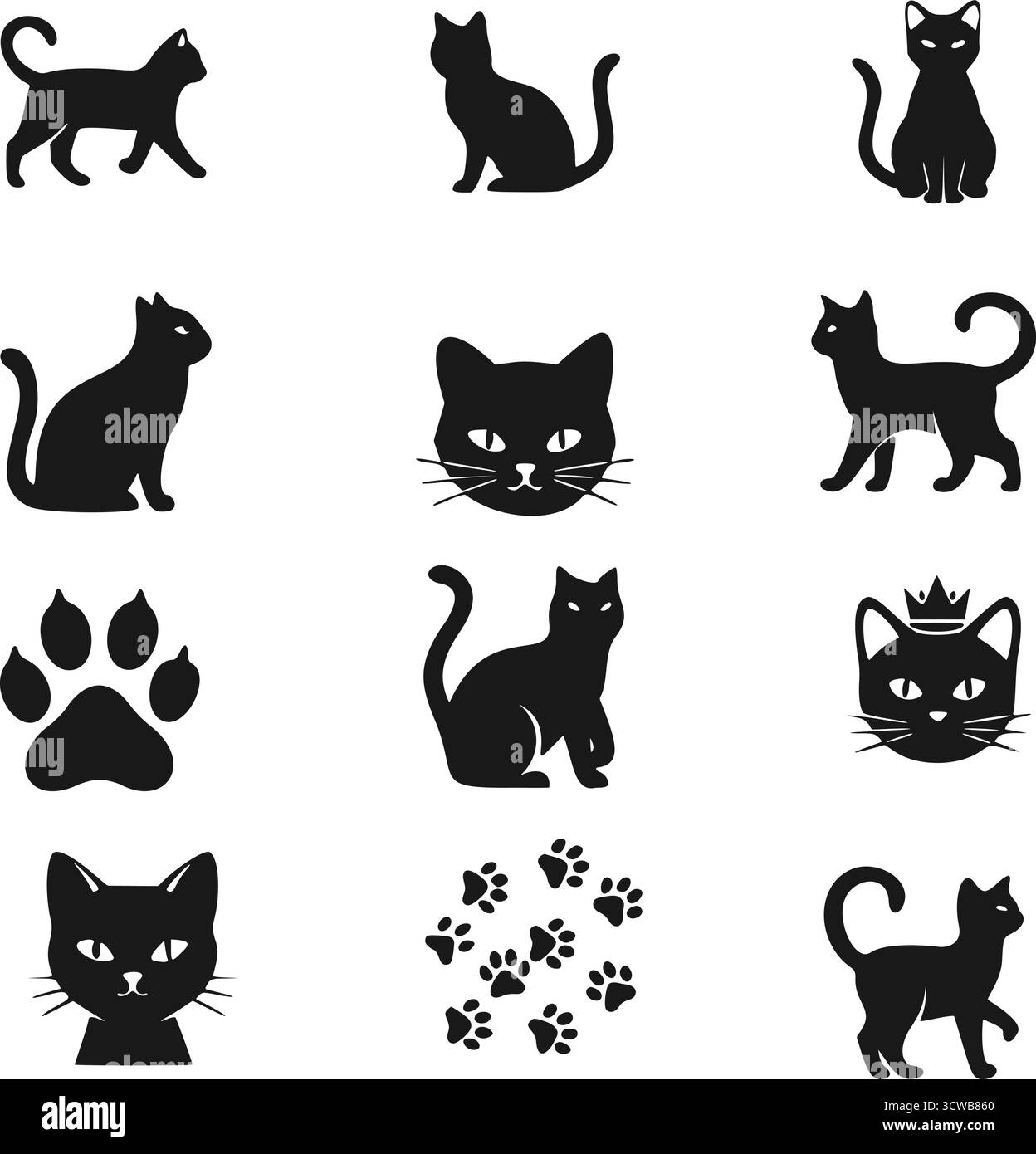 Collezione di silhouette di gatto nere e icone con stampa zampa. Posizioni feline diverse, immagini vettoriali del volto di gatto e segni dei piedi. Illustrazione Vettoriale