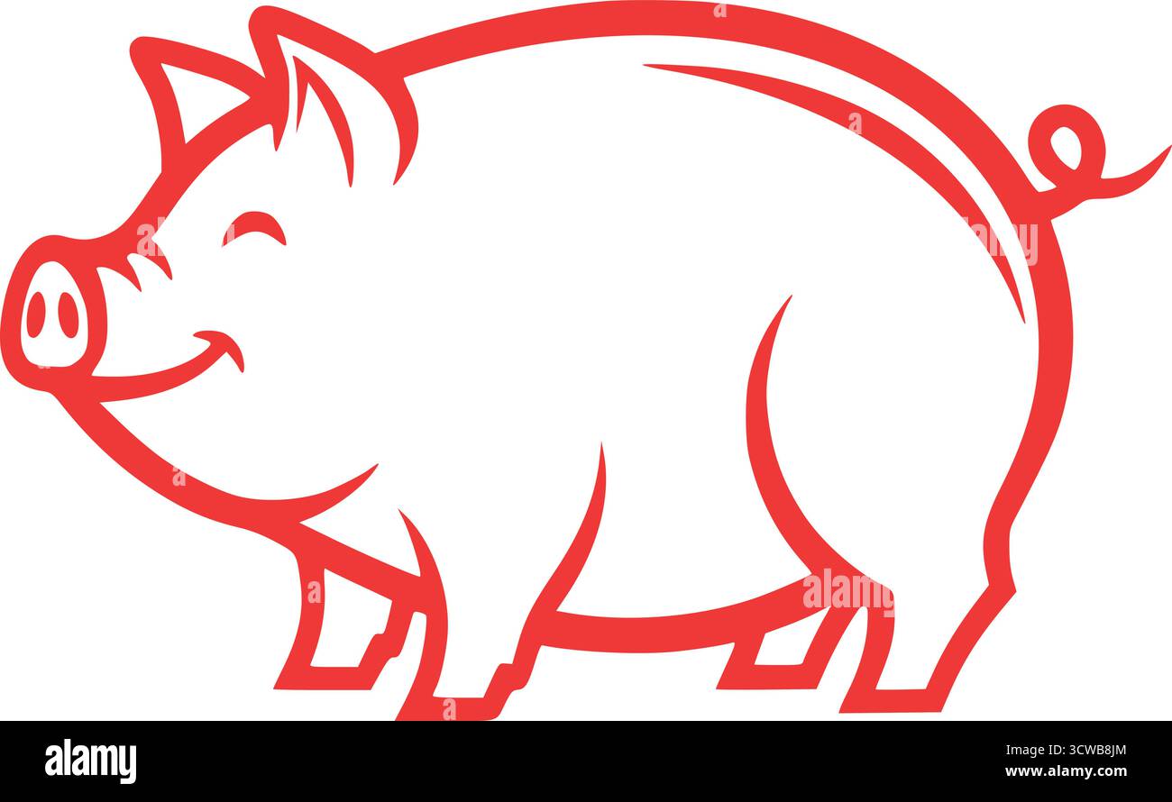 Maialino sorridente in stile cartoni animati. Disegno del carattere della mascotte degli animali da allevamento, allegra illustrazione dei suini. Illustrazione Vettoriale