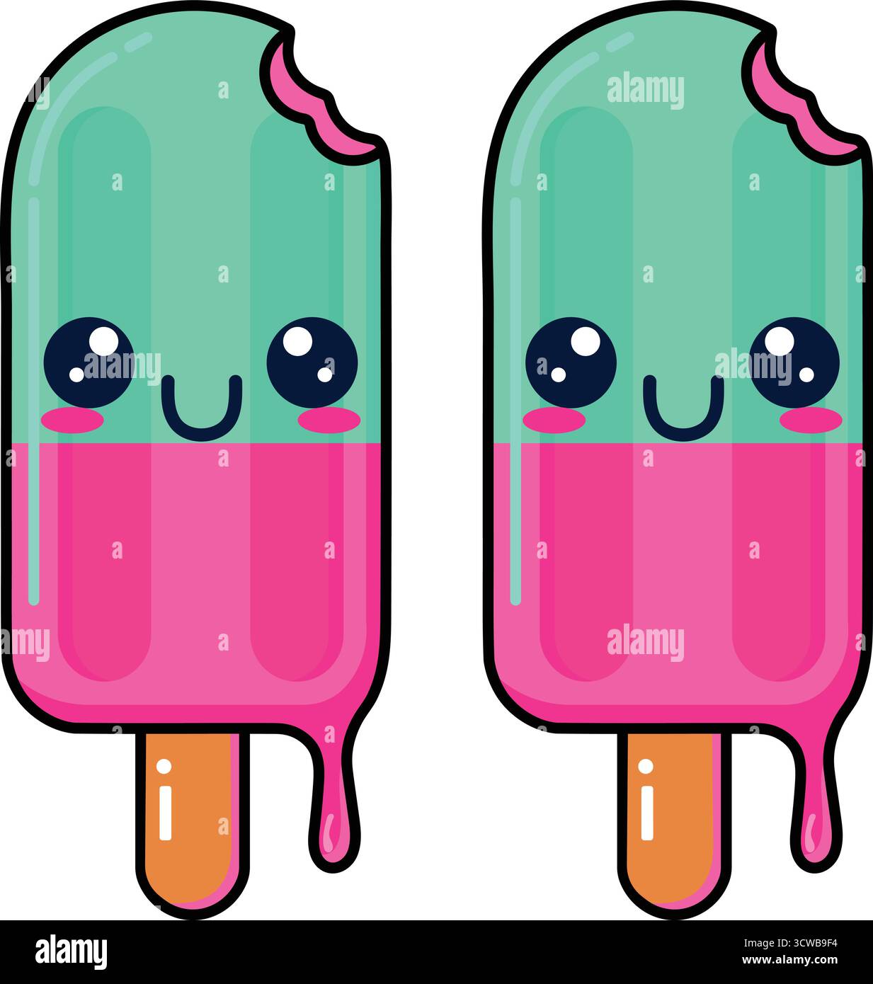 Adorabili personaggi del cibo kawaii rinfrescanti con divertenti prelibatezze estive e simpatiche coppie di cartoni animati per un divertente design dei cartoni animati Illustrazione Vettoriale