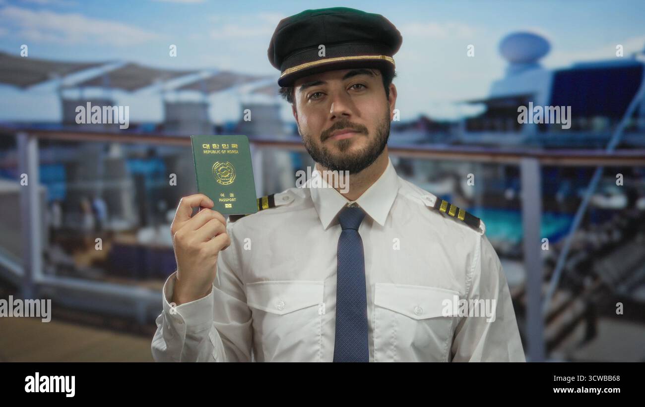 Giovane con la barba che tiene il passaporto sudcoreano sul ponte della nave da crociera con l'uniforme del capitano e il cappello sotto il cielo blu. Foto Stock