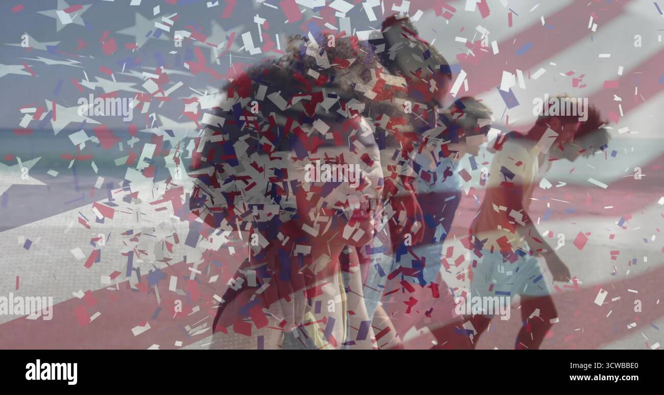 Gruppo di sette amici a piedi lungo il sentiero costiero lastricato, con una doccia di coriandoli rossi bianchi e blu Foto Stock