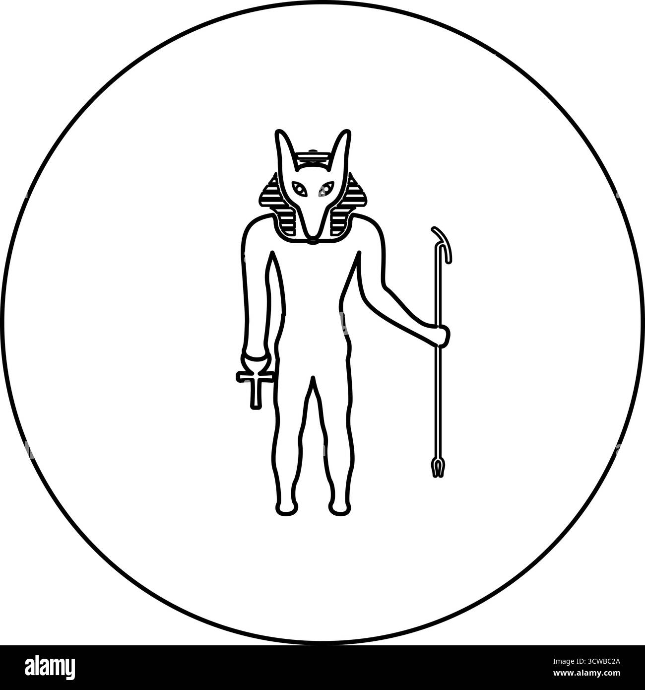 Divinità Anubi con testa di sciacallo, antico dio egizio, regge il bastone e un'icona mitica con silhouette a croce in un vettoriale rotondo di colore nero Illustrazione Vettoriale