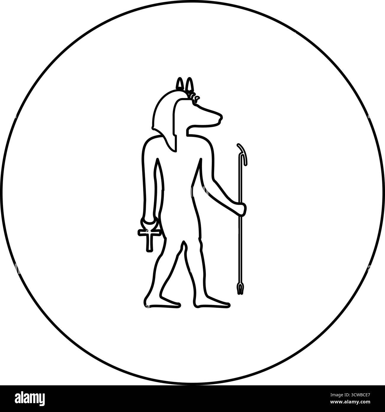 Divinità Anubi con testa di sciacallo, antico dio egizio, regge il bastone e un'icona mitica con silhouette a croce in un vettoriale rotondo di colore nero Illustrazione Vettoriale