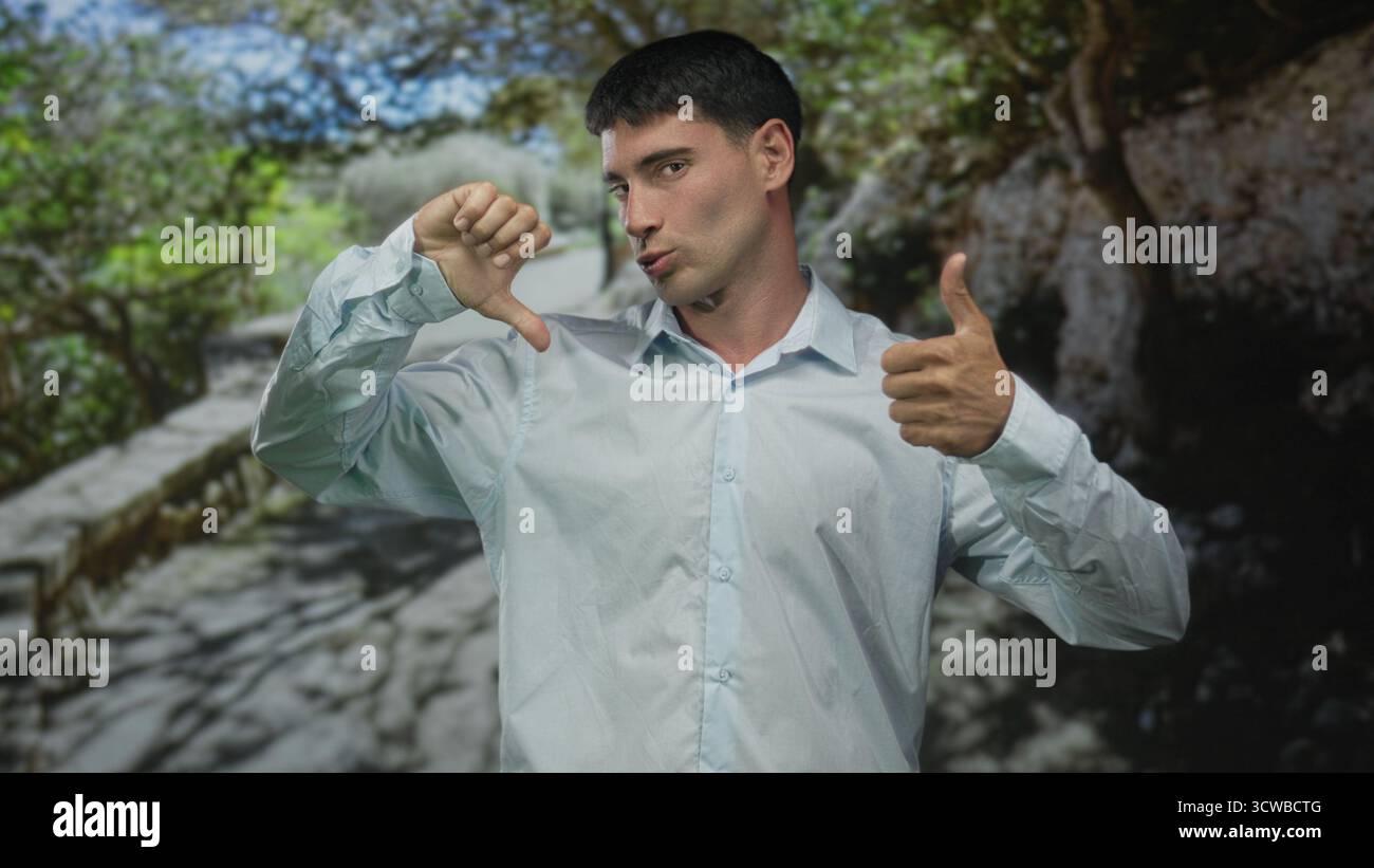 L'uomo alza i pollici con una mano e i pollici con l'altra mentre si trova in una foresta; ambivalenza. Foto Stock