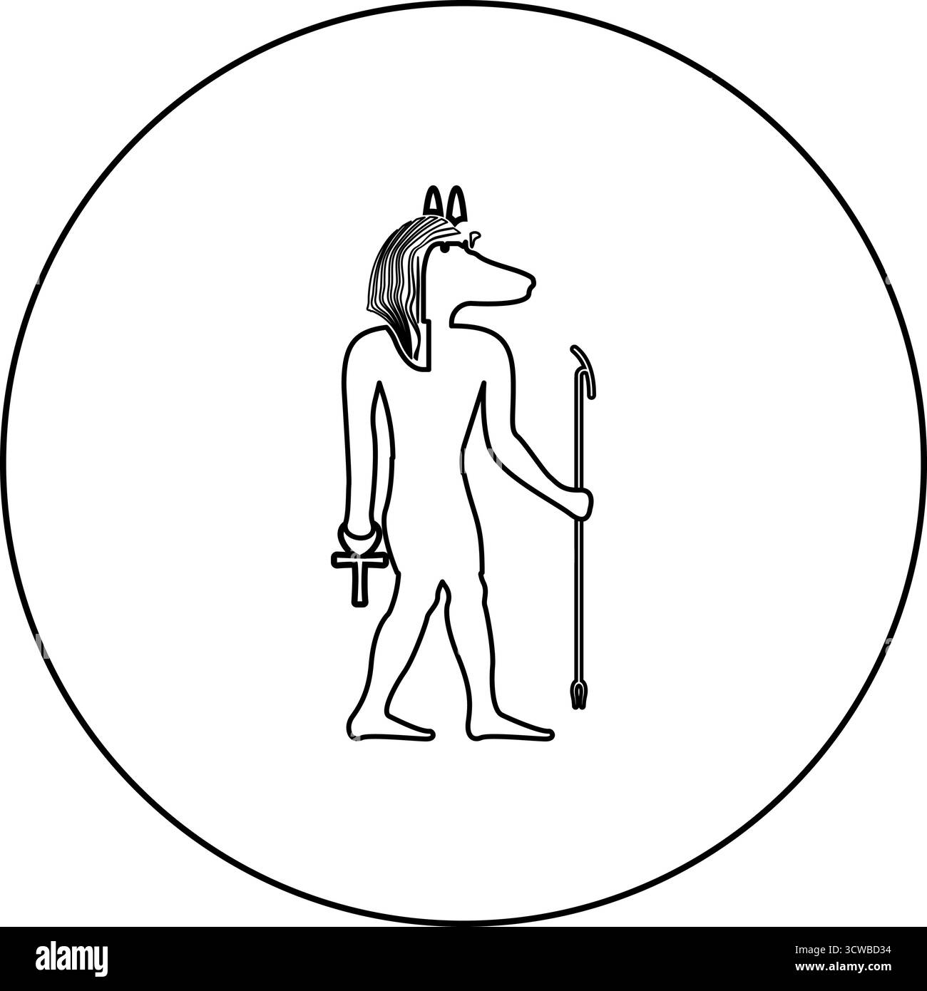 Divinità Anubi con testa di sciacallo, antico dio egizio, regge il bastone e un'icona mitica con silhouette a croce in un vettoriale rotondo di colore nero Illustrazione Vettoriale