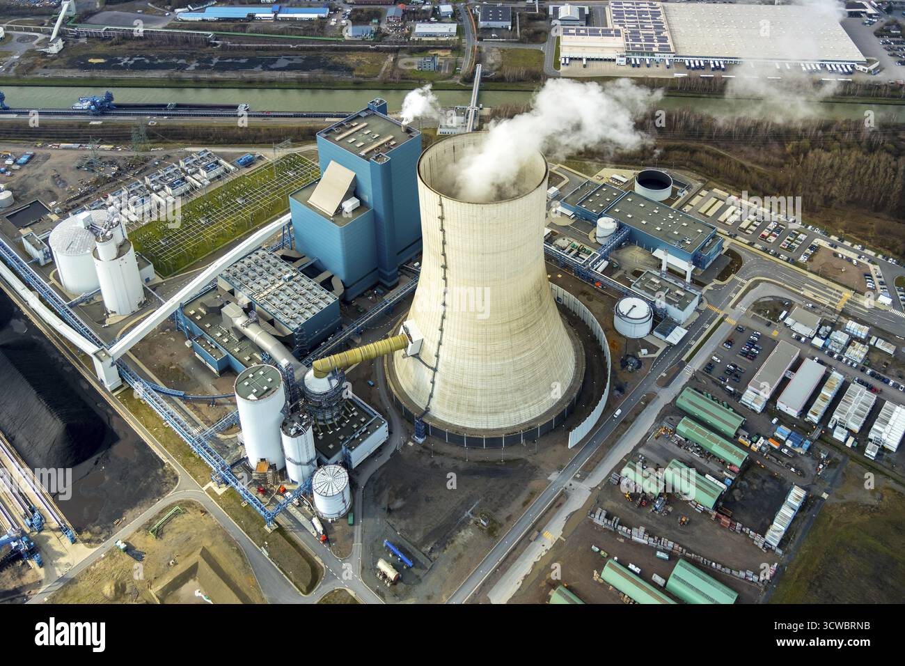 Vista aerea, prova, consenso al carbone, fermata dei lavori, centrale elettrica EON Datteln 4 presso il canale Dortmund-EMS, Datteln, zona della Ruhr, Renania settentrionale-Westpha Foto Stock