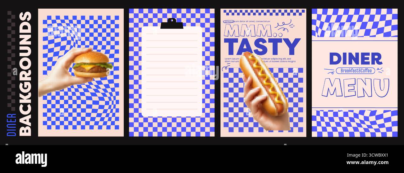 Sfondo retro Diner Collage. Un hamburger blu e un hotdog con motivo a scacchi per la storia dei social media bg. Illustrazione Vettoriale