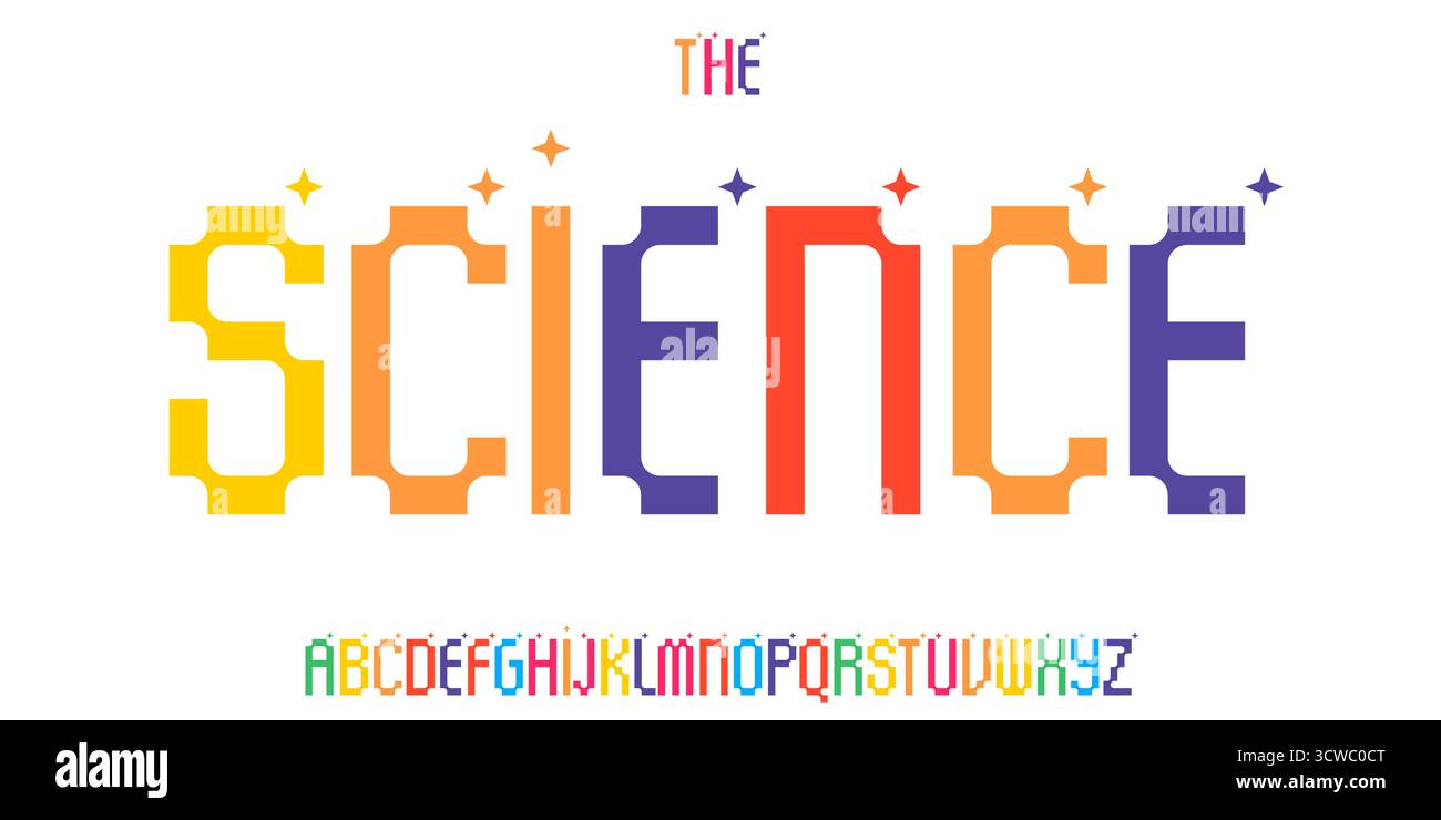 Carattere didattico Kid Science, alfabeto colorato STEM per titoli scientifici, divertente gioco scientifico e design tipografico del libro delle lezioni. Vettore moderno Illustrazione Vettoriale