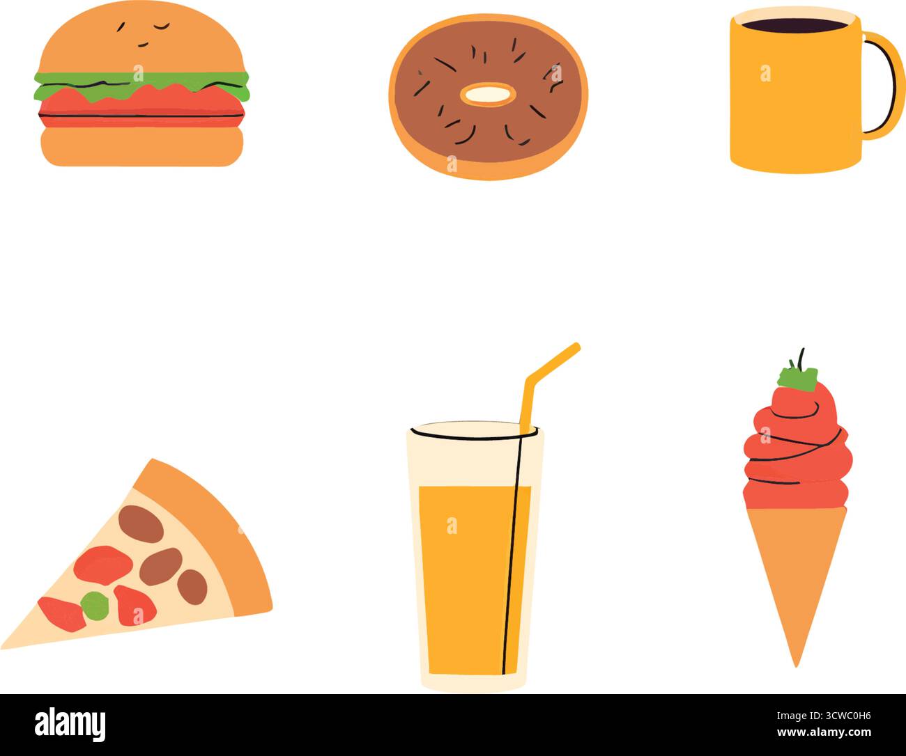 Set di icone colorate per fast food: Illustrazioni di hamburger, pizza, ciambelle, caffè, succo di frutta e gelati Illustrazione Vettoriale
