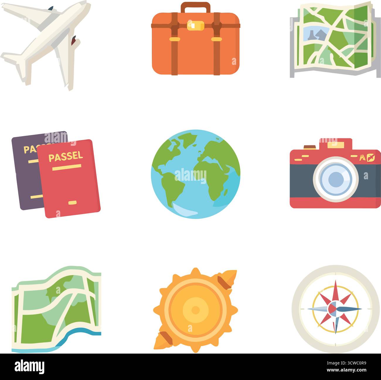 Set di icone di viaggio: Aereo, valigetta, passaporto, mappa, globo, fotocamera, bussola e Sun Vector Collection Illustrazione Vettoriale
