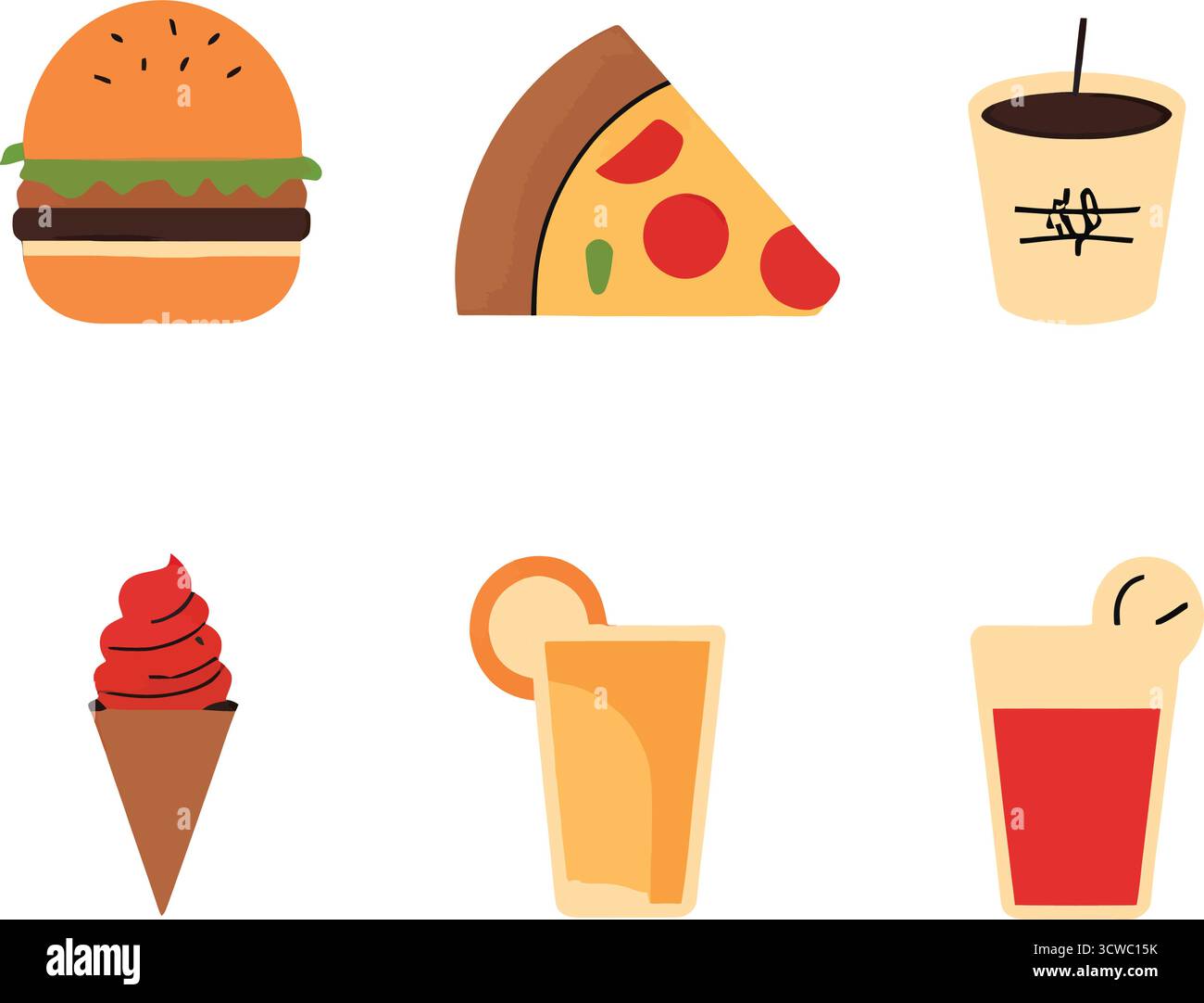 Icone colorate di fast food e bevande: Hamburger, pizza, caffè, gelati, succo di frutta, bevanda al limone. Illustrazione Vettoriale