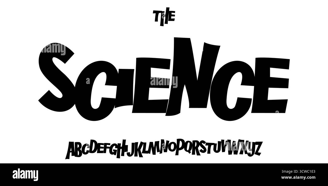 Font per l'educazione scientifica, alfabeto funky cartoni animati futuristico per titoli scientifici, logo educativo per bambini, tipografia di libri per bambini, divertimento Illustrazione Vettoriale