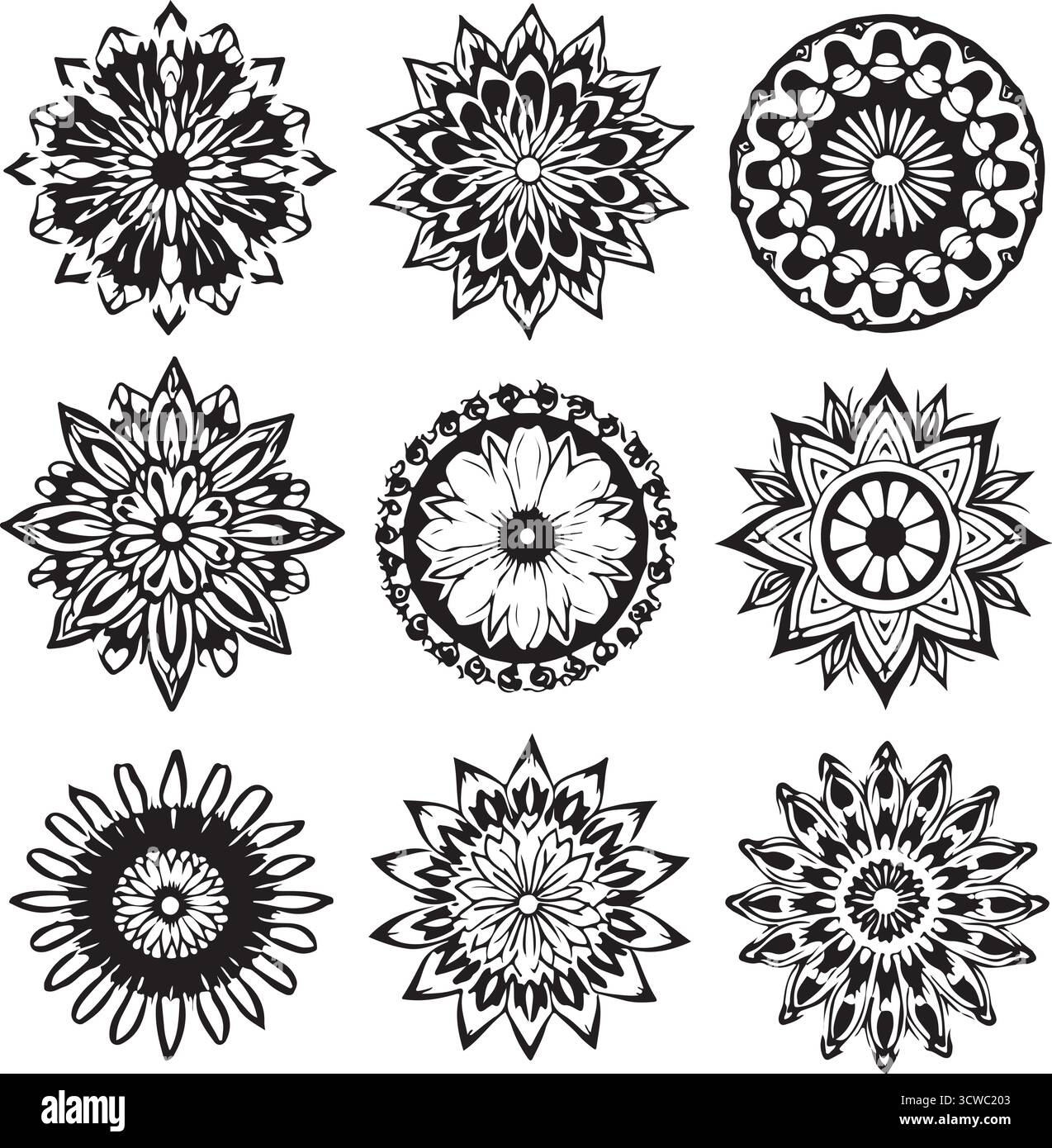 Set di nove disegni floreali Mandala dettagliati Illustrazione Vettoriale