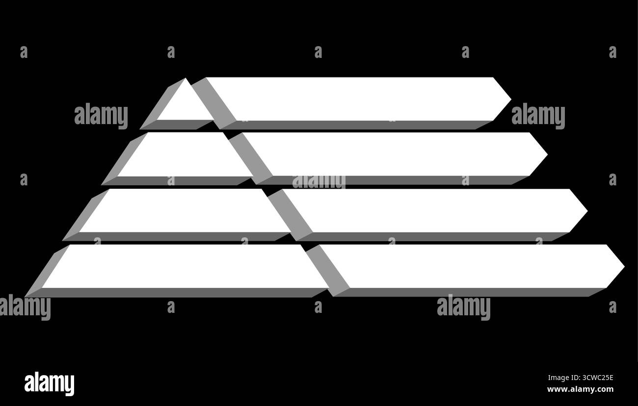 Illustrazione gerarchica statistica infografica del triangolo di colore bianco diviso isolato su sfondo nero, forma a piramide quattro strati per presenti Illustrazione Vettoriale
