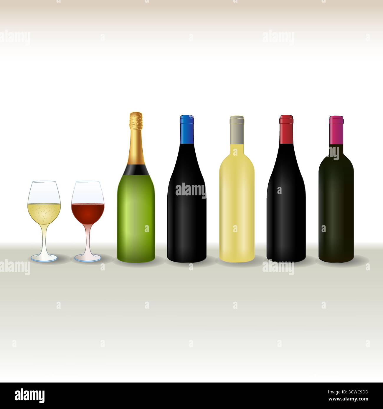 Calici di vetro, bicchieri e bottiglie di vino, illustrazione vettoriale Illustrazione Vettoriale