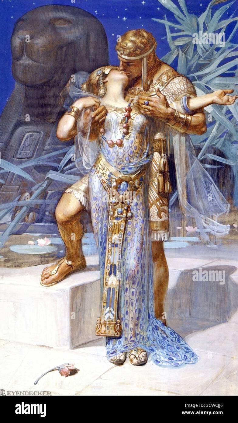 Joseph Christian Leyendecker - Regina Cleopatra e Marco Antonio - il lavoro di Leyendecker spesso presentava uomini severi e donne eleganti. Questa specifica illustrazione è stata creata intorno al tempo del movimento "Egyptomania", che è stato scatenato dalla scoperta della tomba di re Tut. L'illustrazione è stata utilizzata come frontespizio per il libro "The Kiss of Glory" di Grace Duffie Boylan. Foto Stock