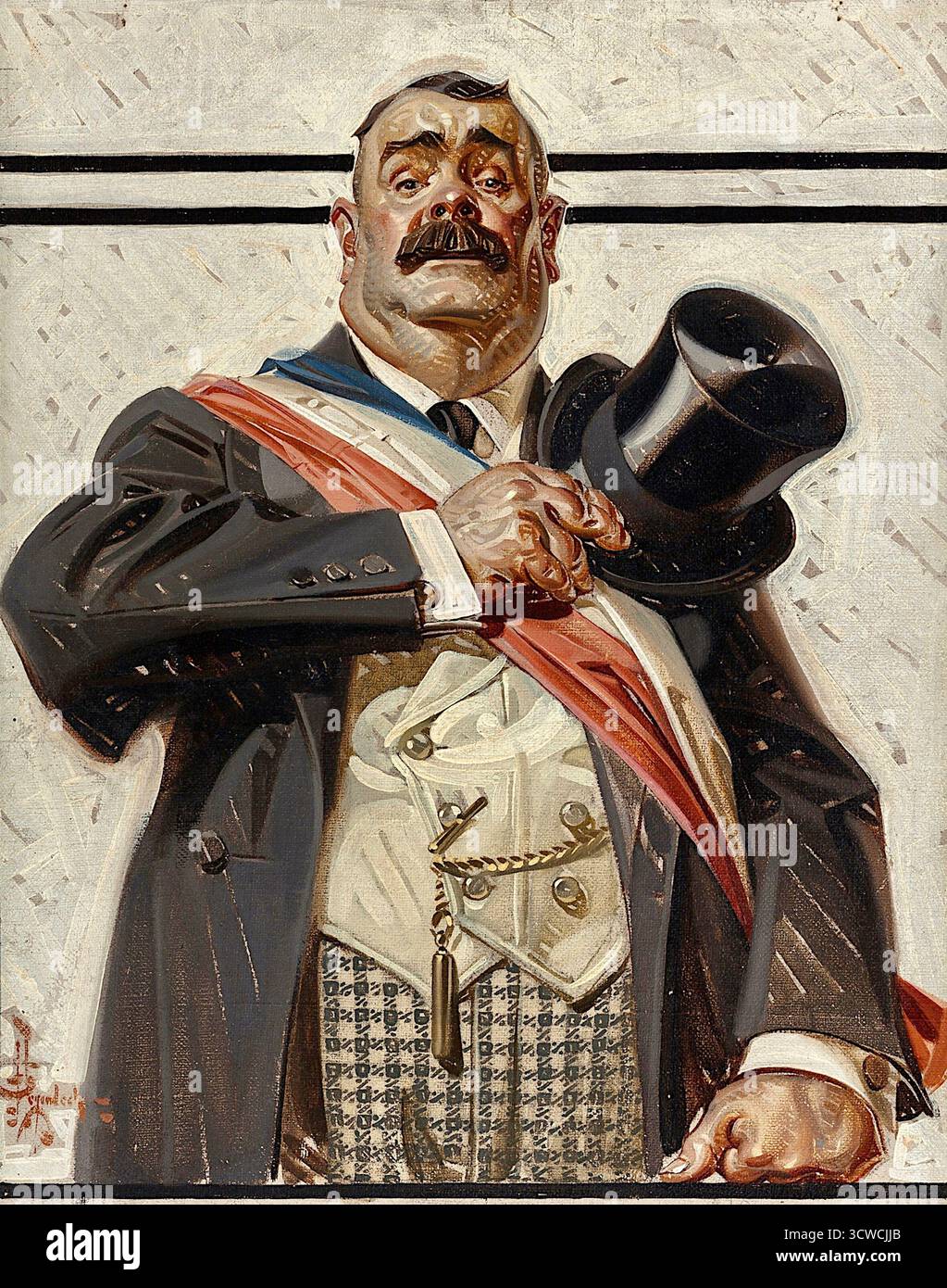 Joseph Christian Leyendecker - il candidato - originariamente creato per una copertina del 1917 della rivista Saturday Evening Post. L'opera raffigura un uomo sicuro di sé, mustachiozzato, presumibilmente un candidato politico, in piedi e guardando direttamente lo spettatore. È vestito con una tuta formale, un gilet bianco e una fascia a righe di rosso, bianco e blu, e tiene in mano un cappello. Il lavoro di Leyendecker è noto per il suo realismo stilizzato, l'uso di colori vivaci e pennellate audaci e figure idealizzate. Fu un illustratore prolifico durante la "Golden Age of American Illustration". Foto Stock Joseph Christian Leyendecker - il candidato - originariamente creato per una copertina del 1917 della rivista Saturday Evening Post. L'opera raffigura un uomo sicuro di sé, mustachiozzato, presumibilmente un candidato politico, in piedi e guardando direttamente lo spettatore. È vestito con una tuta formale, un gilet bianco e una fascia a righe di rosso, bianco e blu, e tiene in mano un cappello. Il lavoro di Leyendecker è noto per il suo realismo stilizzato, l'uso di colori vivaci e pennellate audaci e figure idealizzate. Fu un illustratore prolifico durante la "Golden Age of American Illustration". Foto Stock