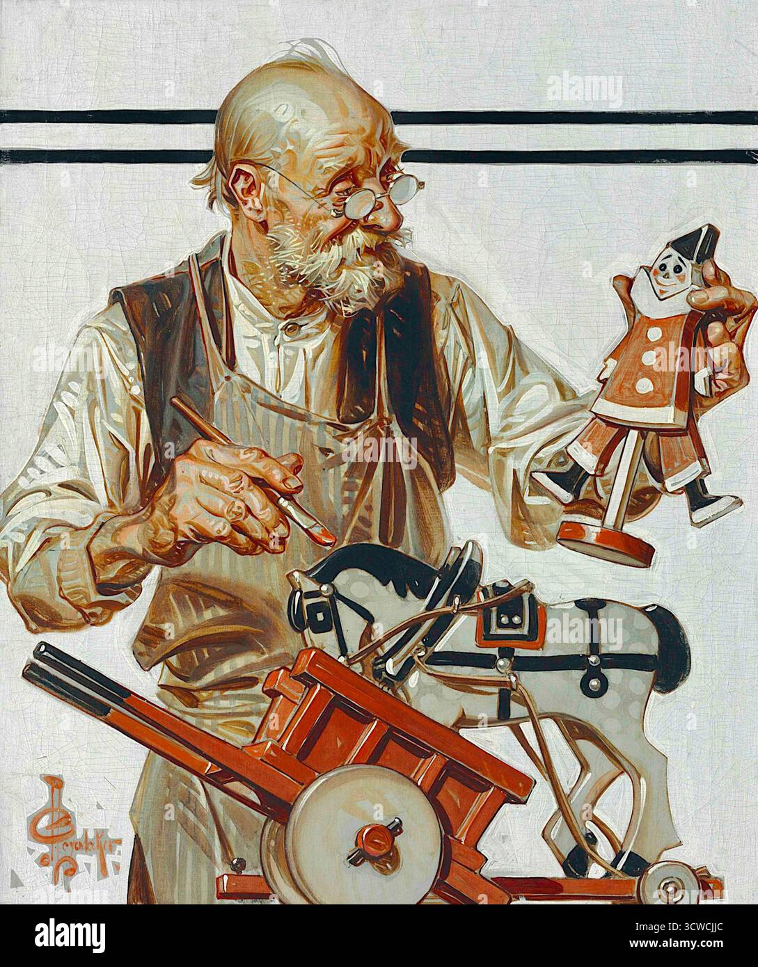 Joseph Christian Leyendecker - The Toymaker - (1920) - il dipinto è intitolato "The Toymaker" di Joseph Christian Leyendecker, dipinto nel 1920. Il pezzo di olio su tela è stato originariamente creato come studio per la copertina del numero di Natale del Saturday Evening Post il 25 dicembre 1920. Il dipinto raffigura un uomo più anziano con barba bianca e occhiali, vestito con giubbotto e camicia, concentrandosi sul suo lavoro. Nelle sue mani, ha un pennello, e gli viene mostrato di dipingere un burattino giocattolo di legno. Davanti a lui c'è un grande cavallo giocattolo che tira un carro. Leyendecker era noto per i disegni di copertine per le vacanze. Foto Stock Joseph Christian Leyendecker - The Toymaker - (1920) - il dipinto è intitolato "The Toymaker" di Joseph Christian Leyendecker, dipinto nel 1920. Il pezzo di olio su tela è stato originariamente creato come studio per la copertina del numero di Natale del Saturday Evening Post il 25 dicembre 1920. Il dipinto raffigura un uomo più anziano con barba bianca e occhiali, vestito con giubbotto e camicia, concentrandosi sul suo lavoro. Nelle sue mani, ha un pennello, e gli viene mostrato di dipingere un burattino giocattolo di legno. Davanti a lui c'è un grande cavallo giocattolo che tira un carro. Leyendecker era noto per i disegni di copertine per le vacanze. Foto Stock