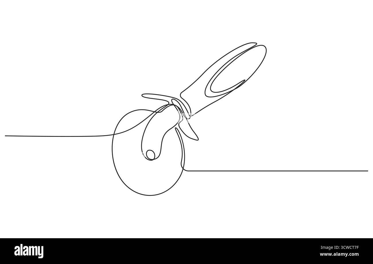 Disegno artistico a linea continua taglierina per pizza, taglierina per pizza in una linea, utensile da cucina a linea singola disegno continuo Illustrazione Vettoriale