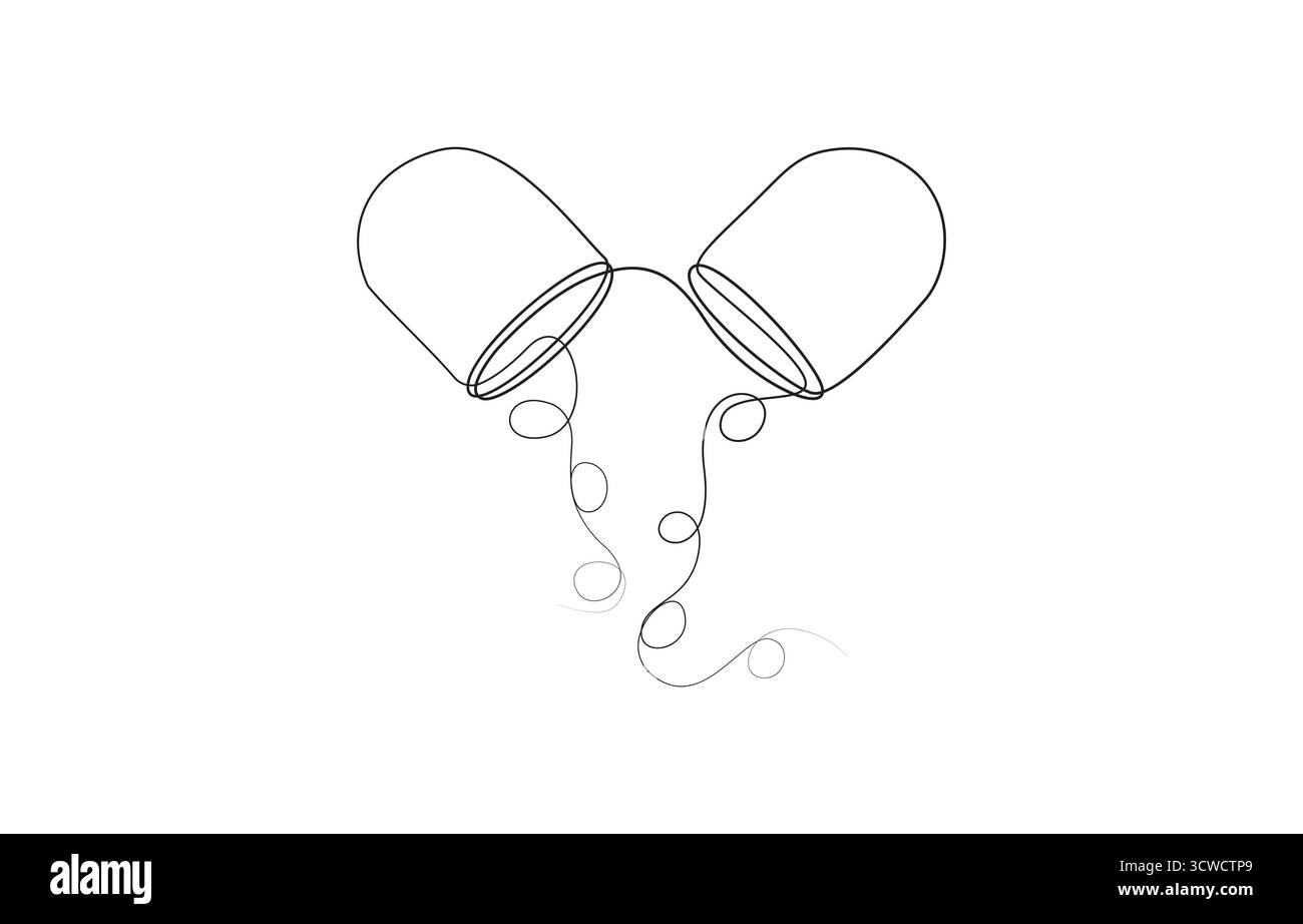 Disegno continuo di una linea della capsula. Illustrazione vettoriale compressa di medicina disegno continuo di una linea.linea singola di capsule di linea continua Illustrazione Vettoriale