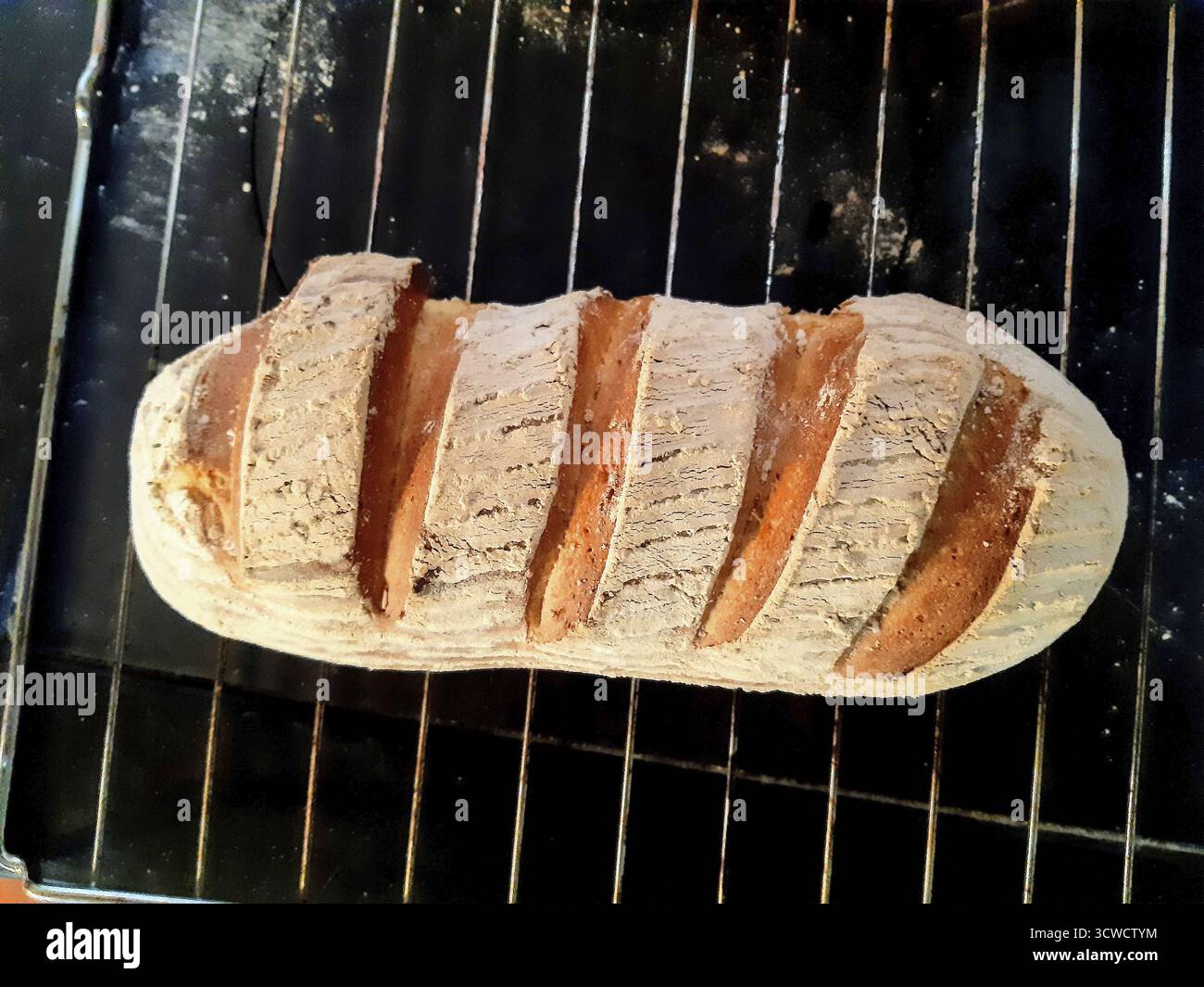 Pane appena sfornato con una crosta spessa su una griglia da forno, Weinviertel bassa Austria Austria Austria Foto Stock
