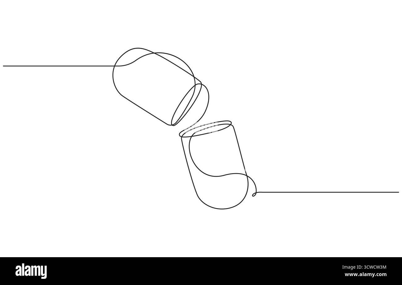 Disegno continuo di una linea della capsula. Illustrazione vettoriale compressa di medicina disegno continuo di una linea.linea singola di capsule di linea continua Illustrazione Vettoriale