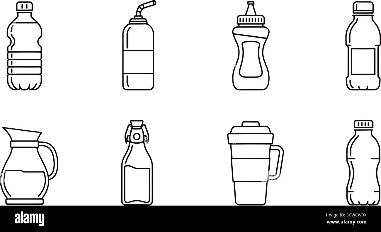 Raccolta di vari flaconi e contenitori per la conservazione di liquidi, che rappresentano forme e dimensioni diverse Illustrazione Vettoriale