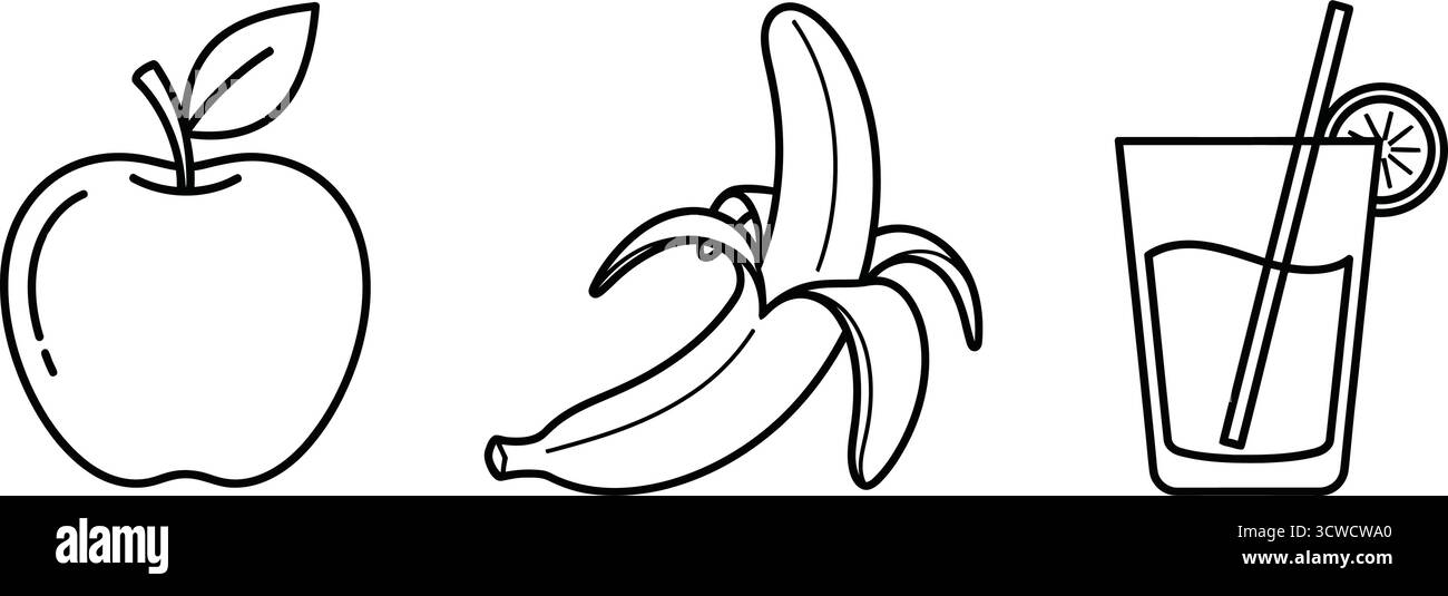 Una mela fresca, una banana sbucciata e un bicchiere di succo, che rappresenta cibo e bevande salutari Illustrazione Vettoriale