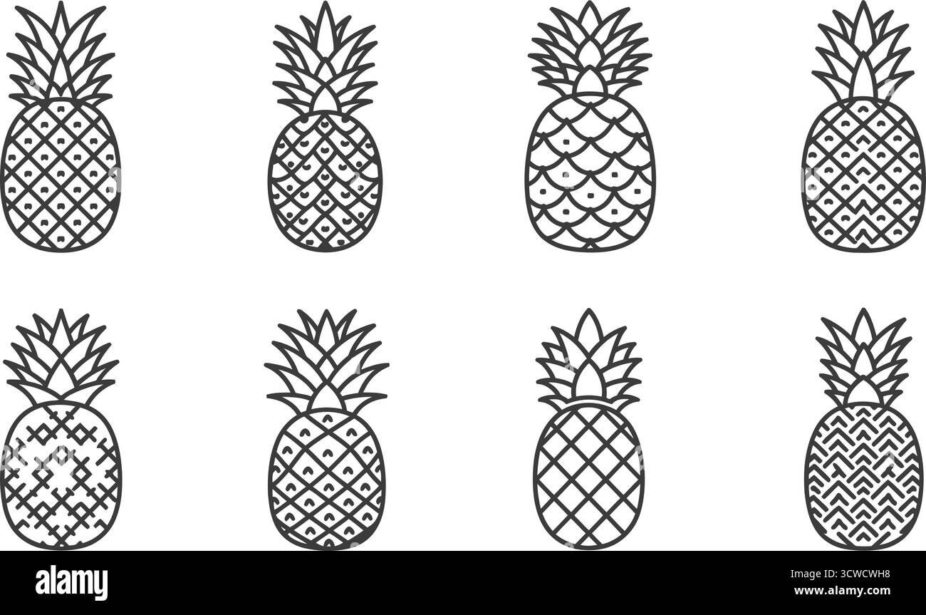 L'ananas delinea le icone, mostrando varie forme e stili di questo delizioso frutto tropicale Illustrazione Vettoriale