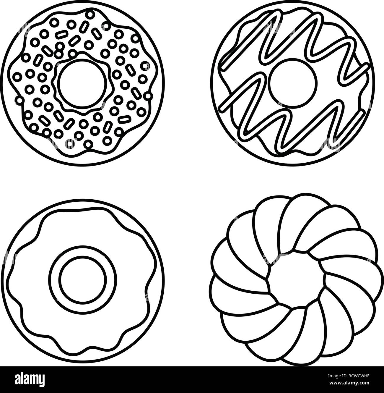 Set di quattro ciambelle in stile doodle per un menu o un concetto culinario Illustrazione Vettoriale