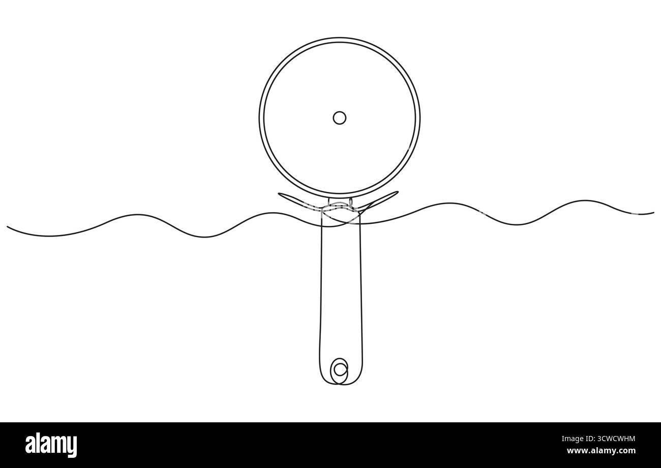 Disegno artistico a linea continua taglierina per pizza, taglierina per pizza in una linea, utensile da cucina a linea singola disegno continuo Illustrazione Vettoriale