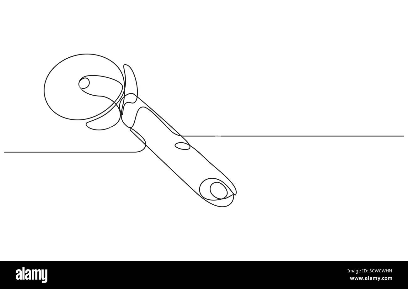 Disegno artistico a linea continua taglierina per pizza, taglierina per pizza in una linea, utensile da cucina a linea singola disegno continuo Illustrazione Vettoriale
