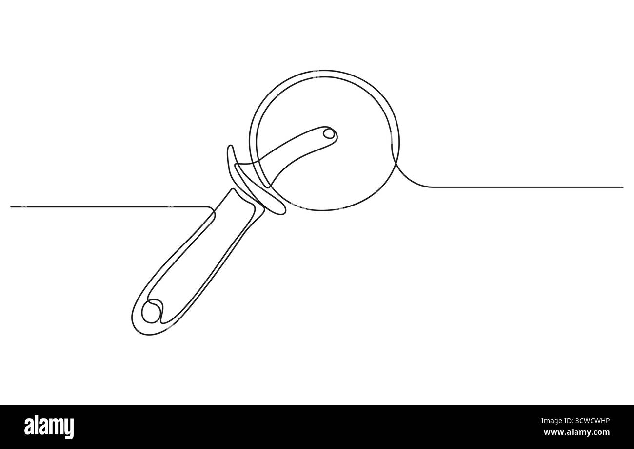 Disegno artistico a linea continua taglierina per pizza, taglierina per pizza in una linea, utensile da cucina a linea singola disegno continuo Illustrazione Vettoriale